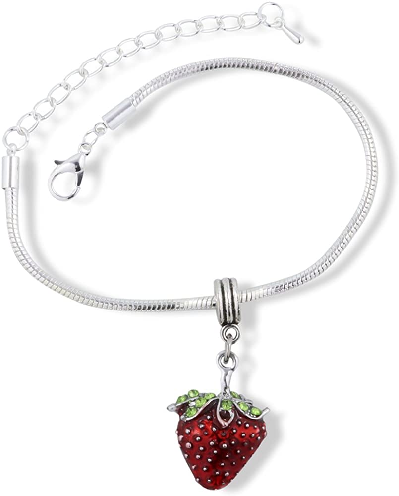 Red Strawberry with Green Leaf and Stem Snake Chain Charm Bracelet-0