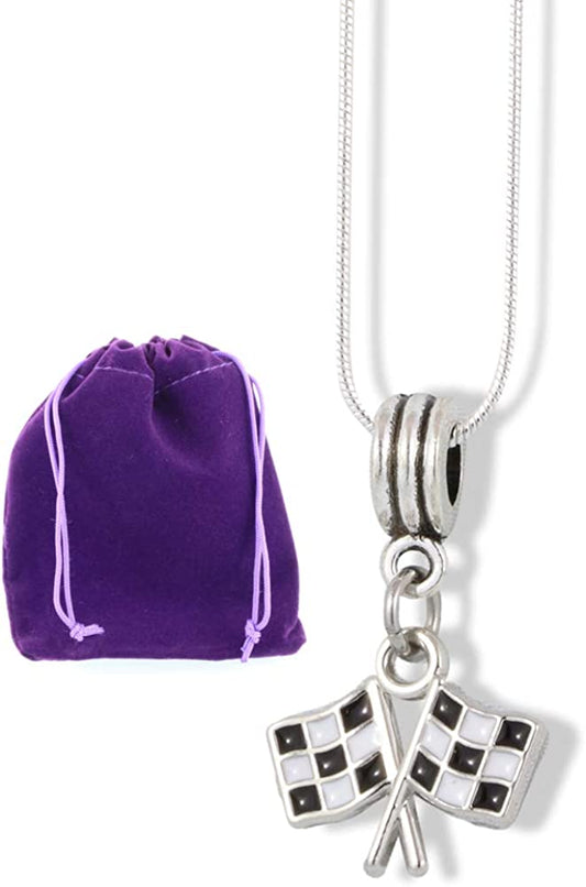 Racing Gifts for Men | Checkered Flag Necklace Silver Plated Snake Chain Charm Pendant for Women or Men for Race Car Gifts Dirtbike Necklace or Motocross Necklace to use as your favorite Racing Stuff-0