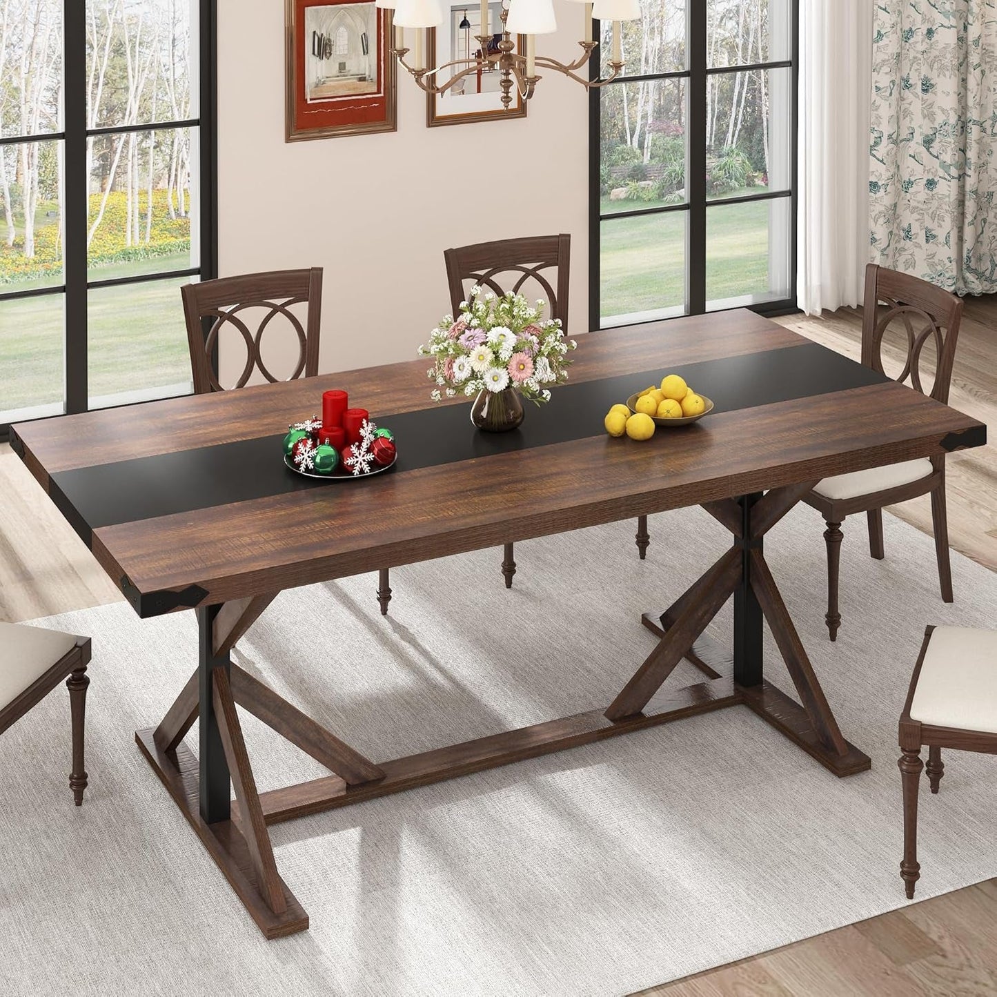 71 Inch Farmhouse Dining Table Waterproof Wood Grain Top-2
