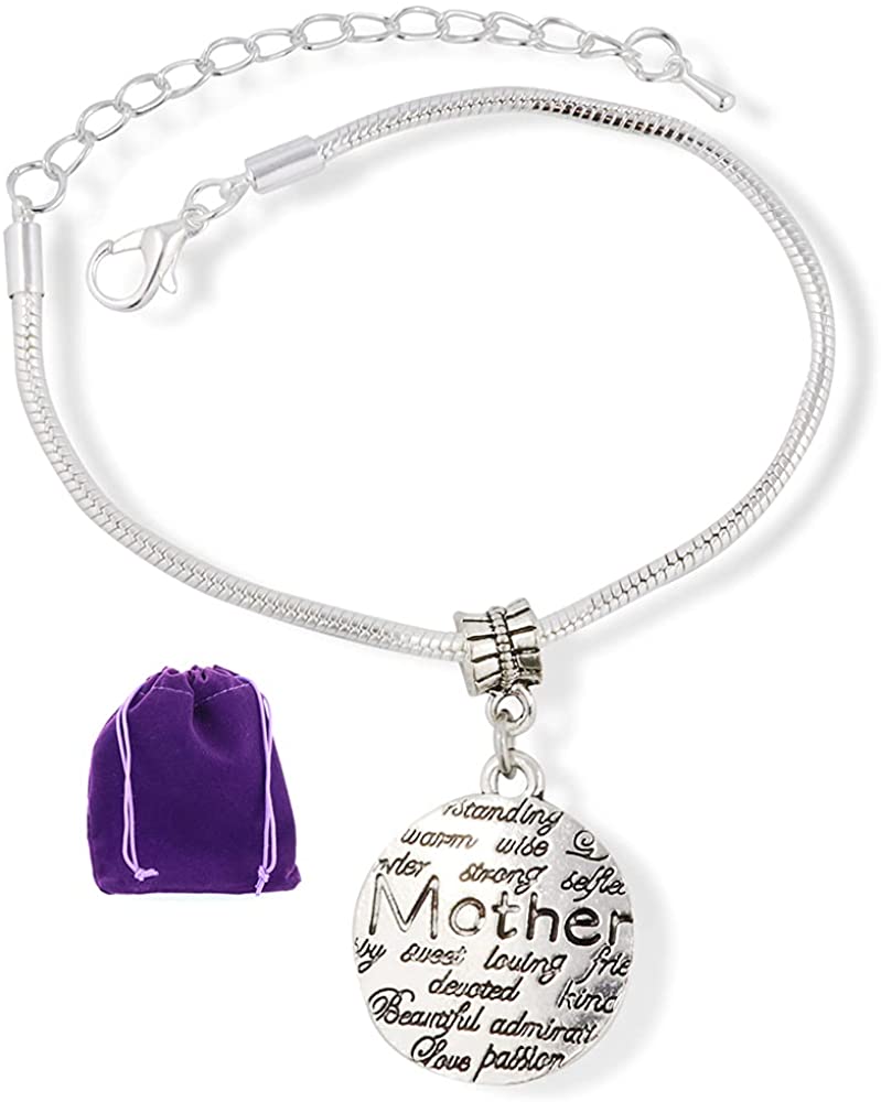 Mother with Wise Strong Loving Devoted Warm Love Passionate Text Snake Chain Charm Bracelet-0