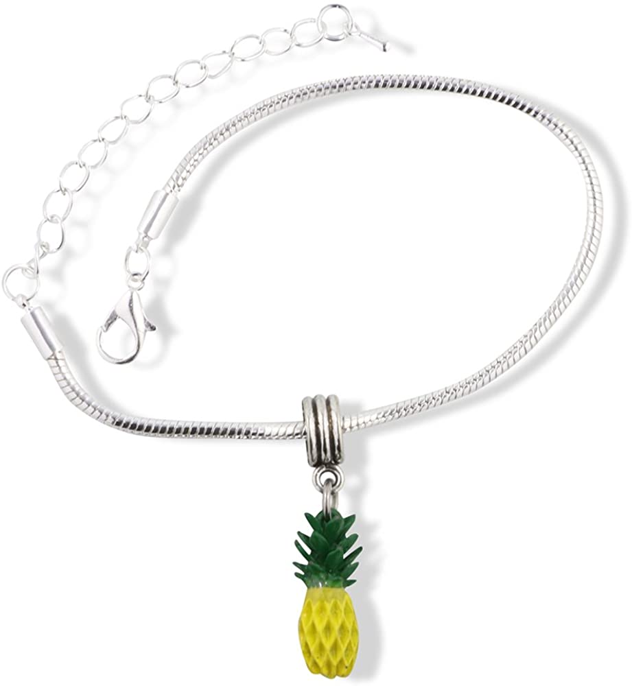 EPJ Pineapple (3D) Yellow with Green Stem Snake Chain Charm Bracelet-0