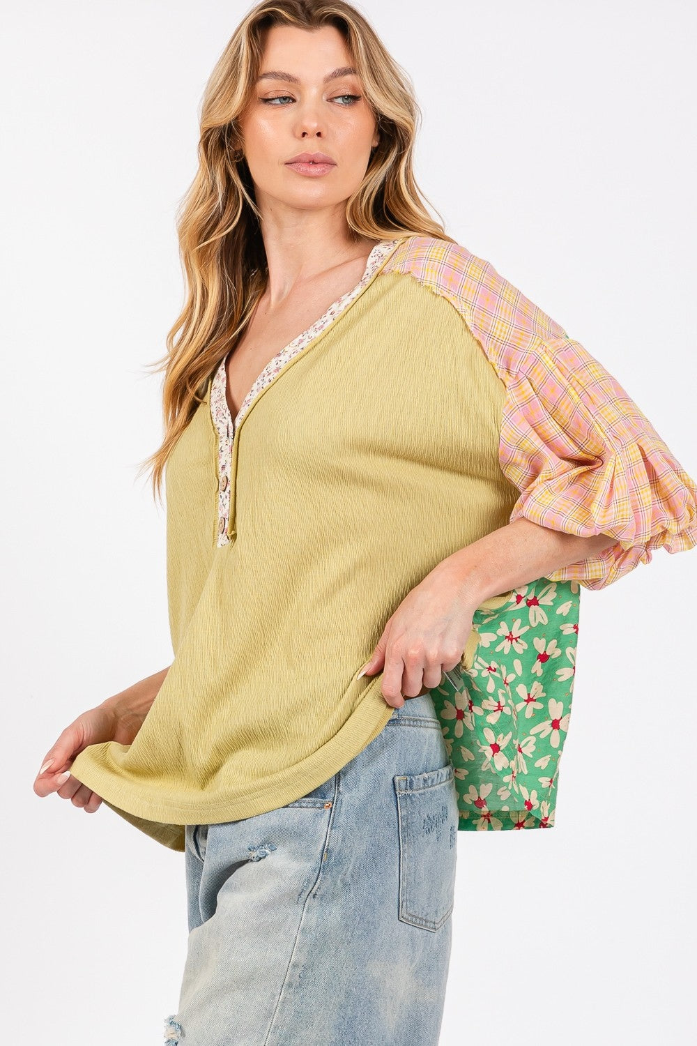 Sage Color Block Bubble Sleeve Top | Extended Sizes