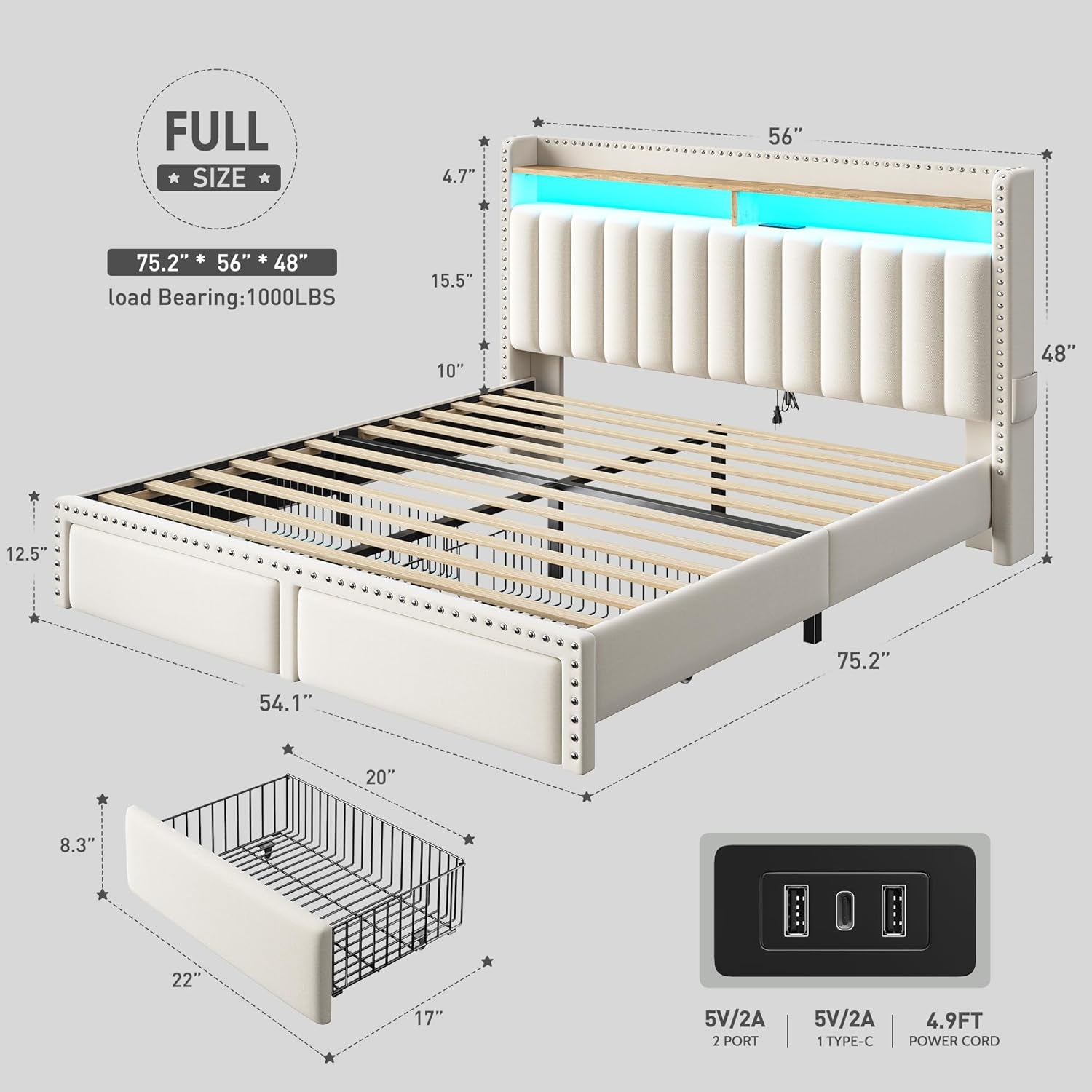 Beige Upholstered Headboard Storage Bed Frame Charging-1