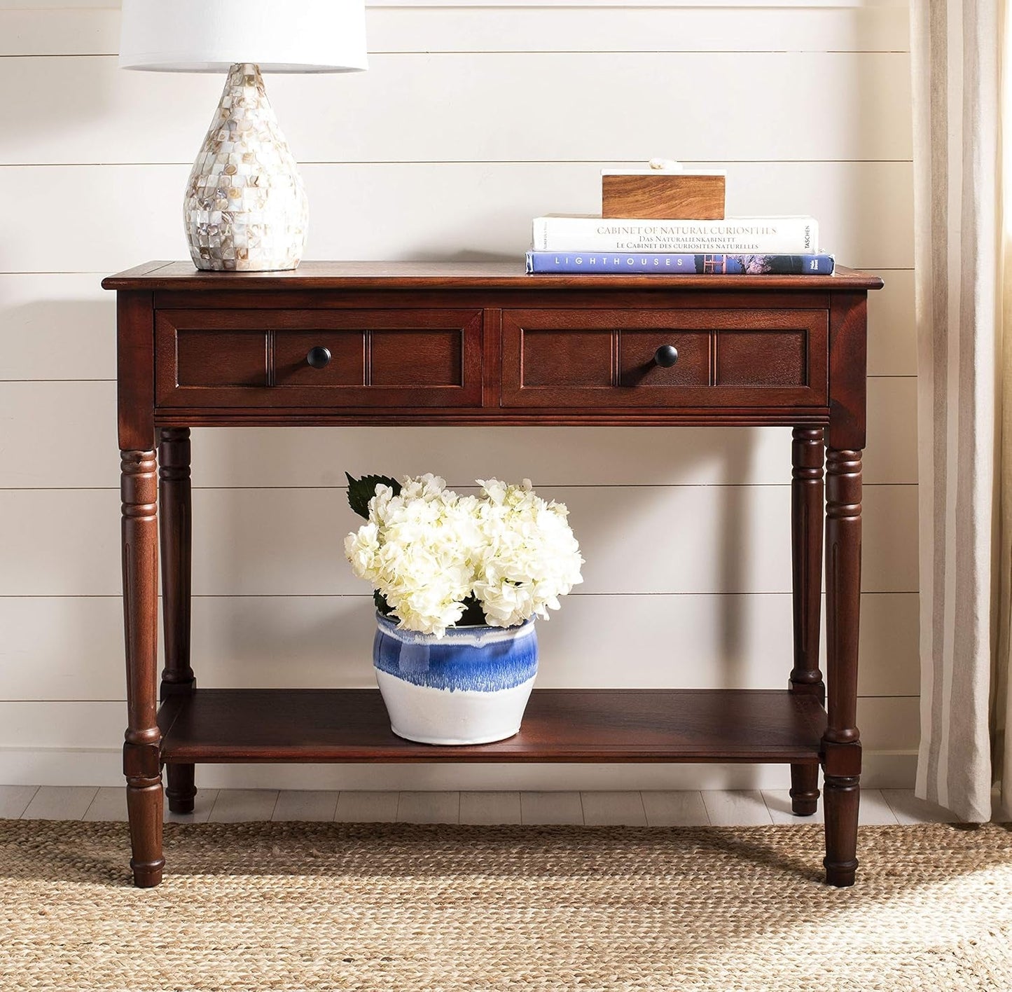 Dark Cherry Two Drawer Console Table Solid Pine Wood Finish-1