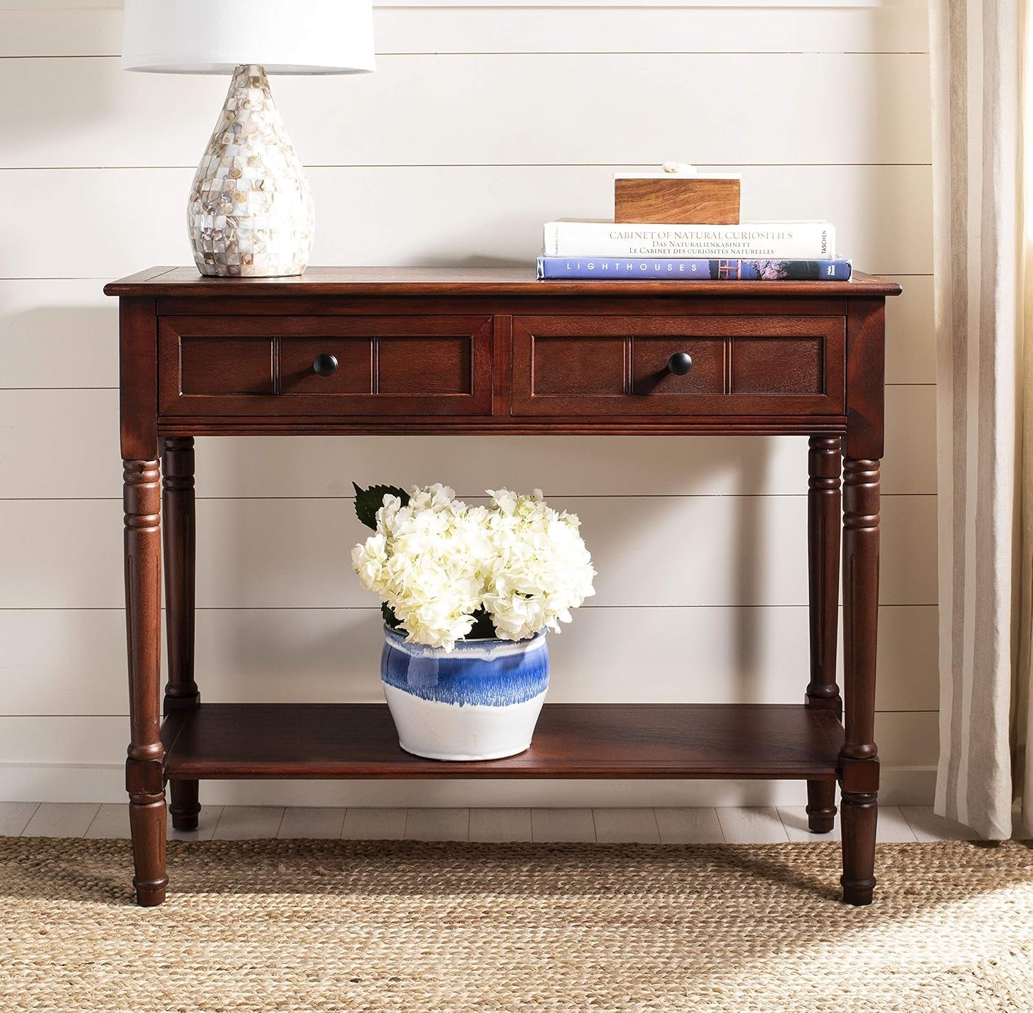 Dark Cherry Two Drawer Console Table Solid Pine Wood Finish-1