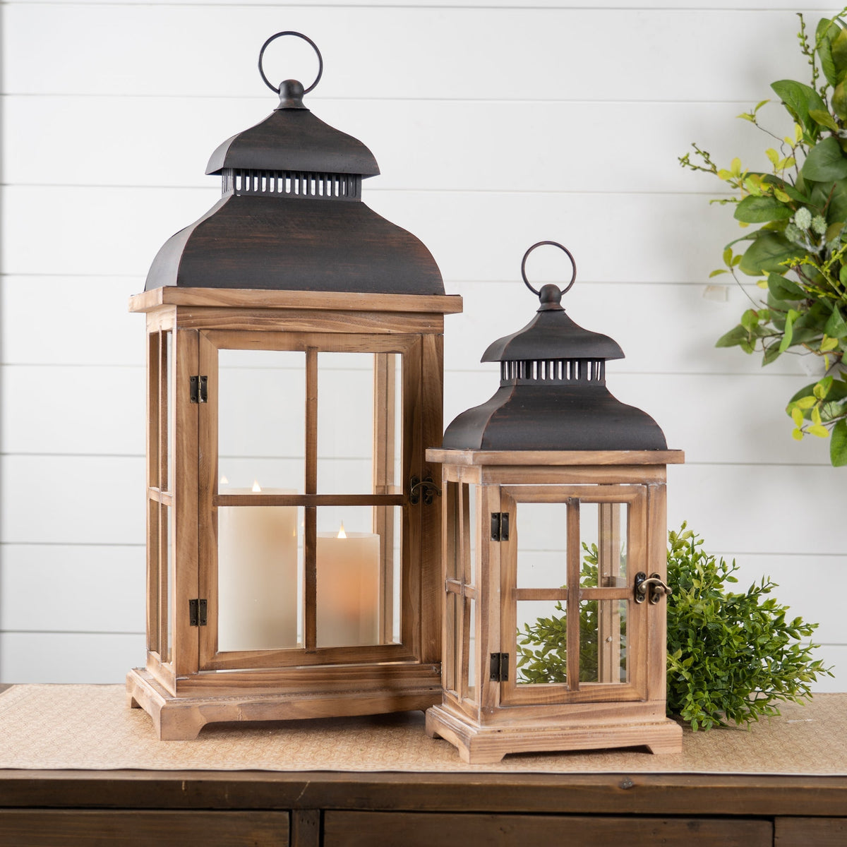 Rustic Wood and Metal Lantern (Set of 2)-1