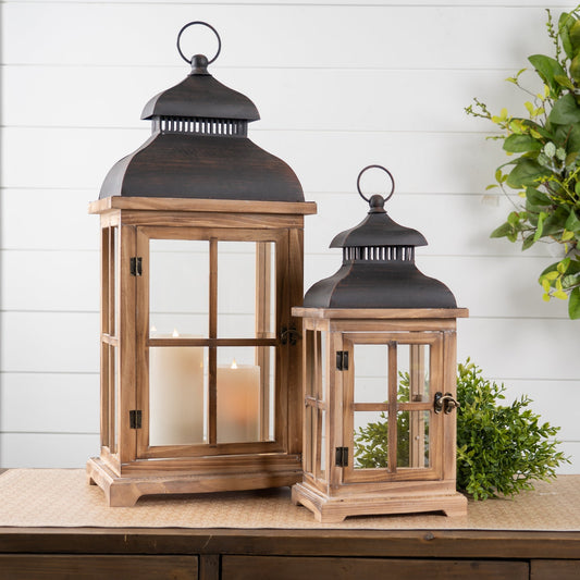 Rustic Wood and Metal Lantern (Set of 2)-1