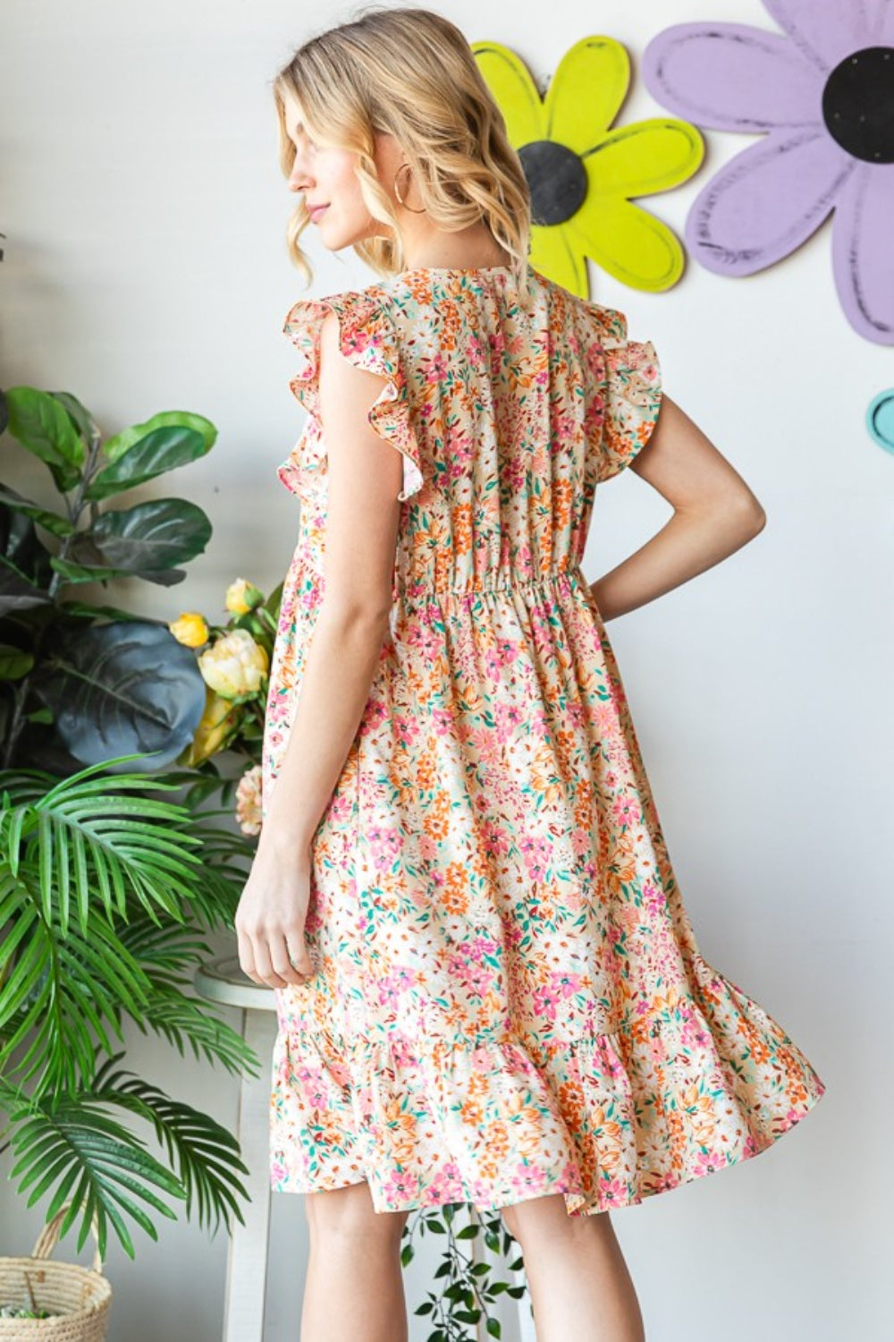 Sand Floral Ruffled V-Neck Dress | Extended Sizes