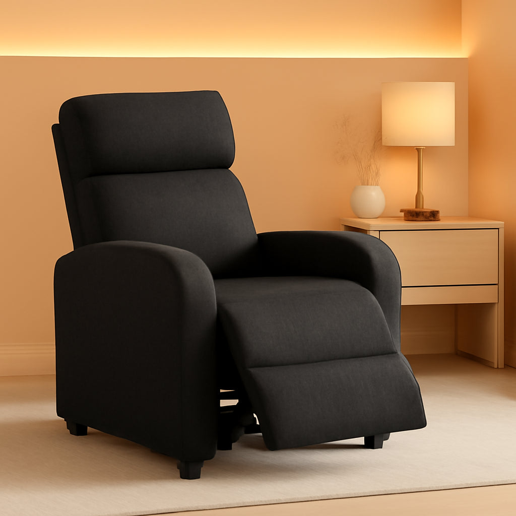Fabric Push Back Recliner Chair Pocket Spring Matte Black-0