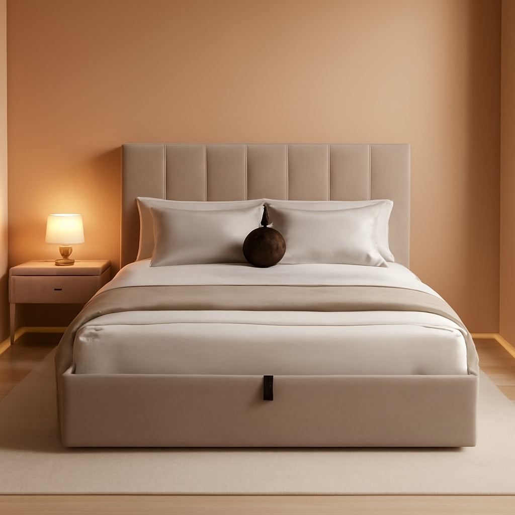Queen Size Hydraulic Lift Storage Bed Beige Linen Upholstered-0