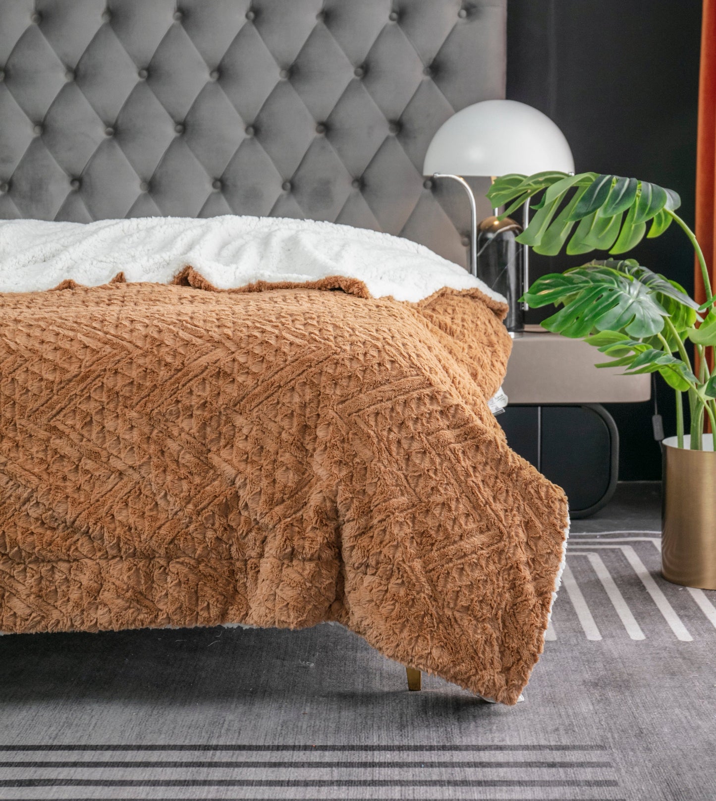 Tache Caramel Brown Faux Fur Throw Blanket Chevron Geometric Embossed (#10)-5