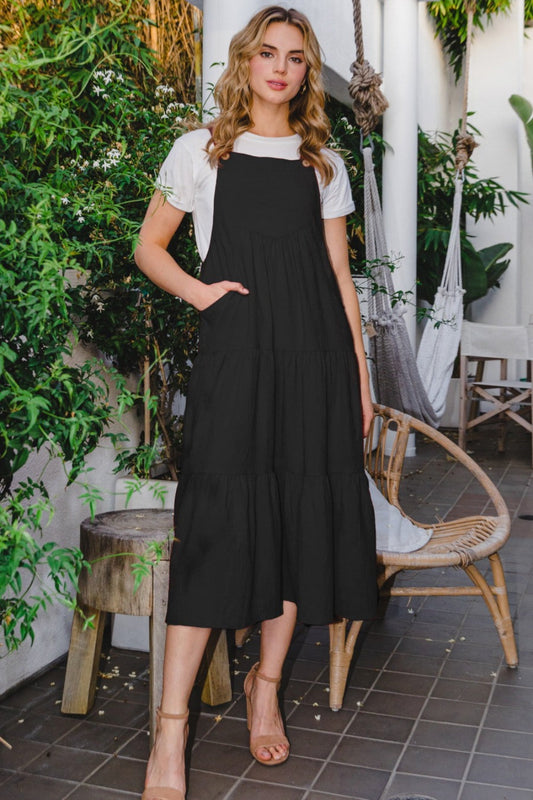 Black Flowy Tiered Sleeveless Midi Dress
