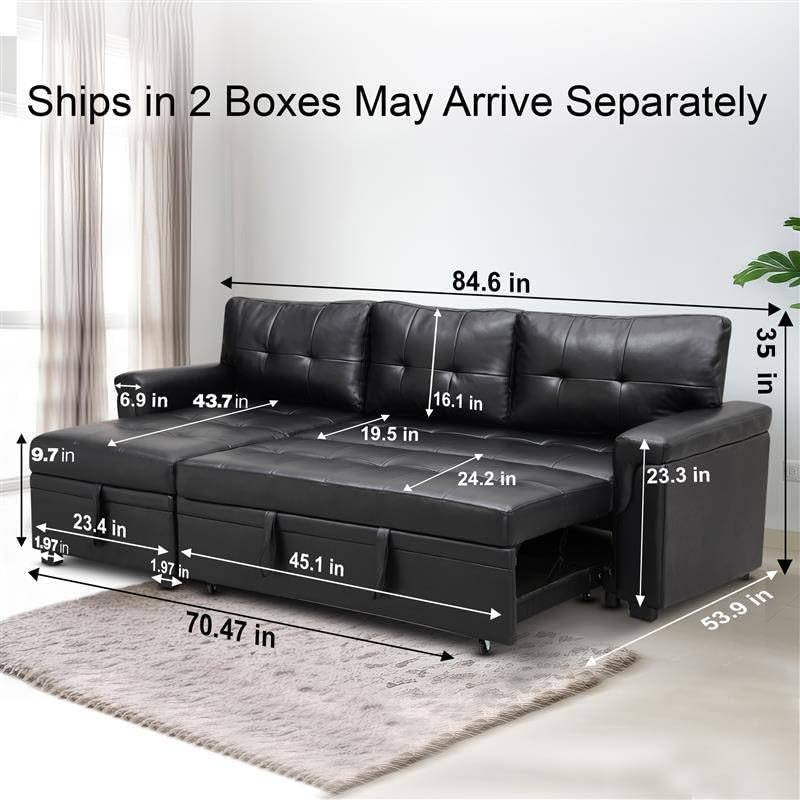 Sleeper Sectional Sofa Black Leather With Convertible Bed-2