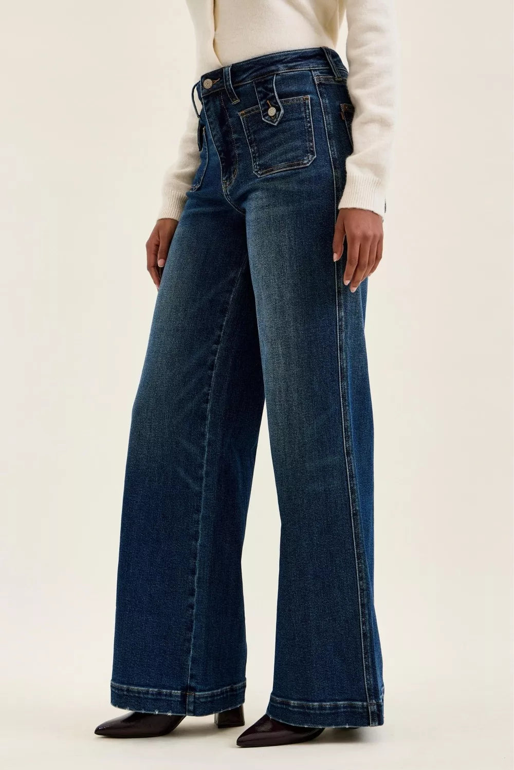 Judy Blue High Waist "lux" Retro Wide Jeans with Front Patch Tab Closure Dk Fade Indigo-2
