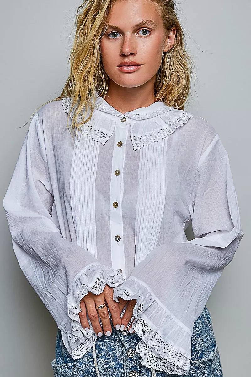 POL Woven Lace Trim Pintuck Button-Down Shirt-0
