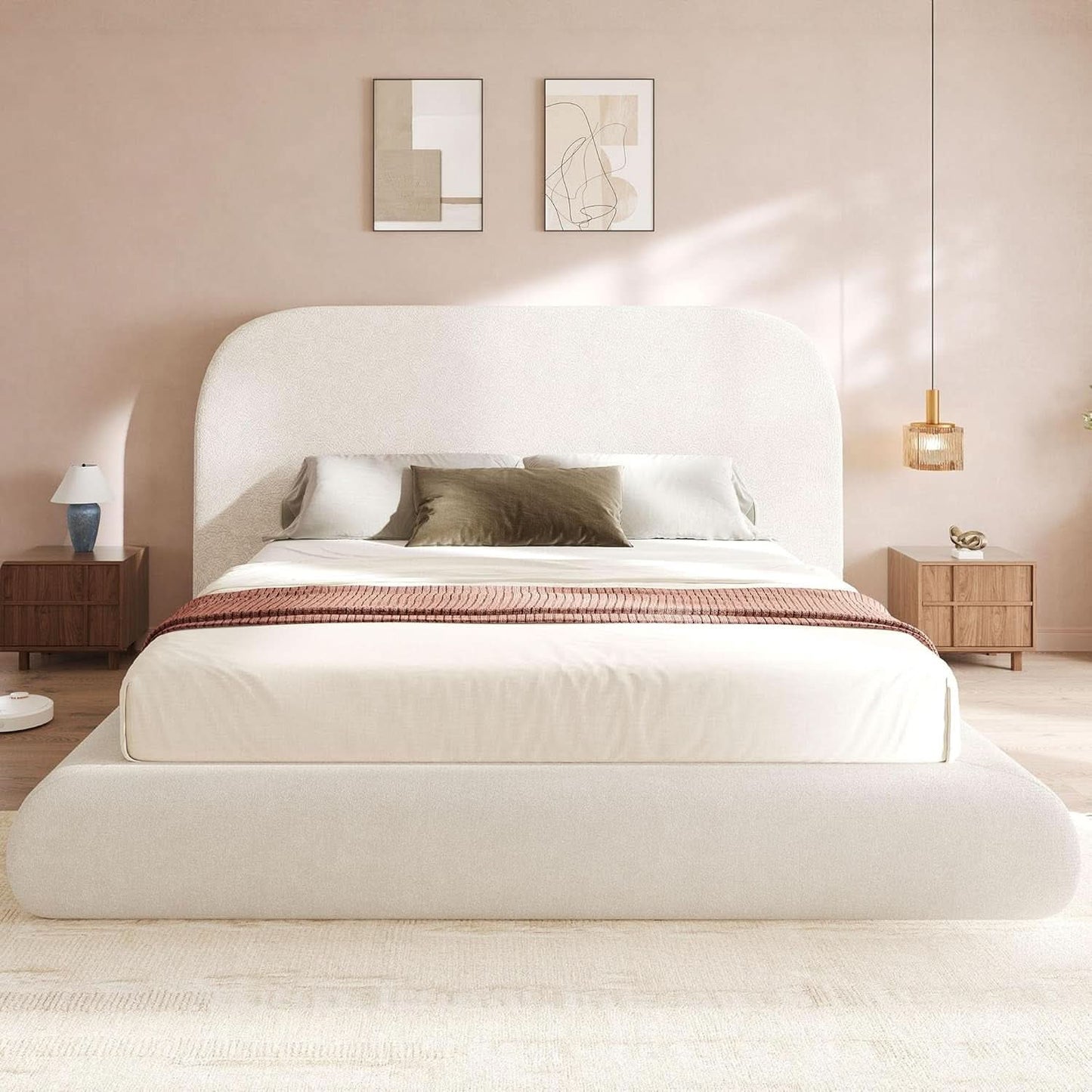 Luxurious King Velvet Upholstered Platform Bed Beige