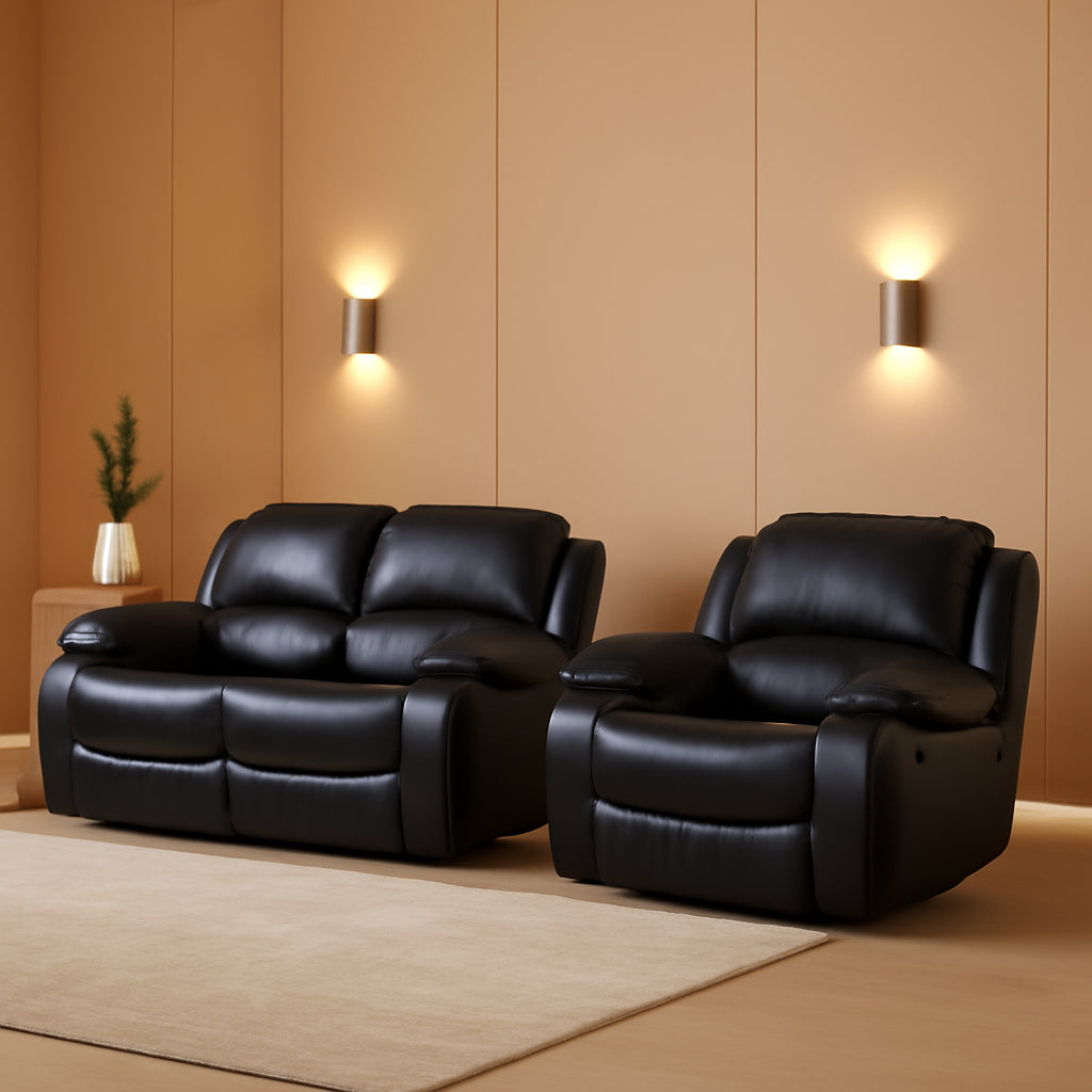 2Piece Bonded Leather Recliner Sofa And Loveseat Set Black 8018 With Pocket Coil Cushions-0