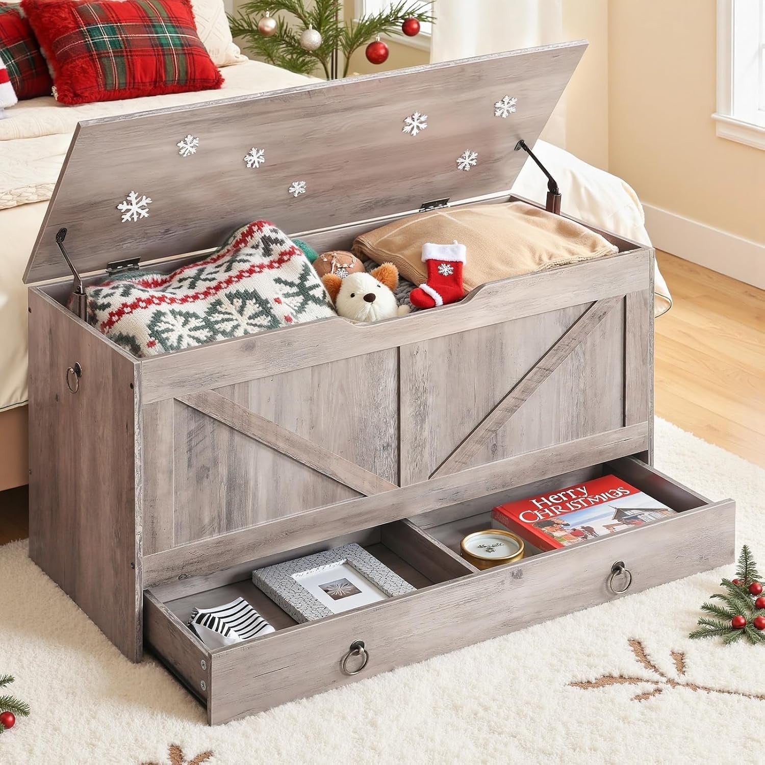 Greige Premium Quality Solid Wood Storage Bench Toy Chest-1