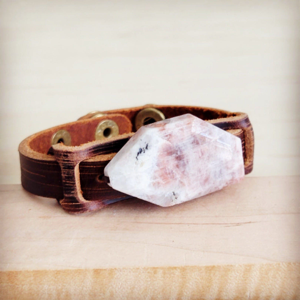 Sunstone Slab Narrow Leather Cuff Bracelet-3