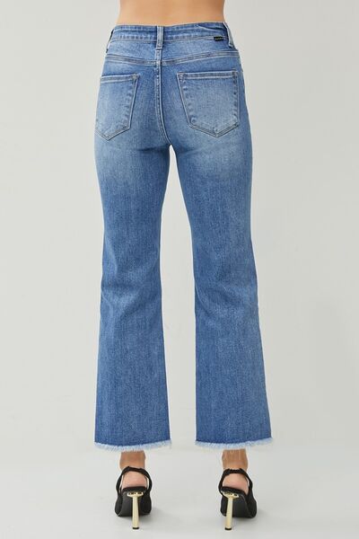 RISEN Dark Wash High Waist Raw Hem Straight Jeans