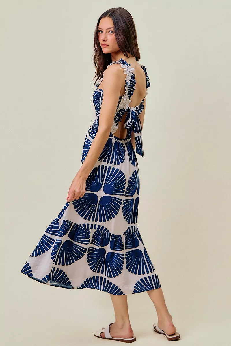 Abstract Print Smocked Bodice Tiered Lined Midi Dress-1