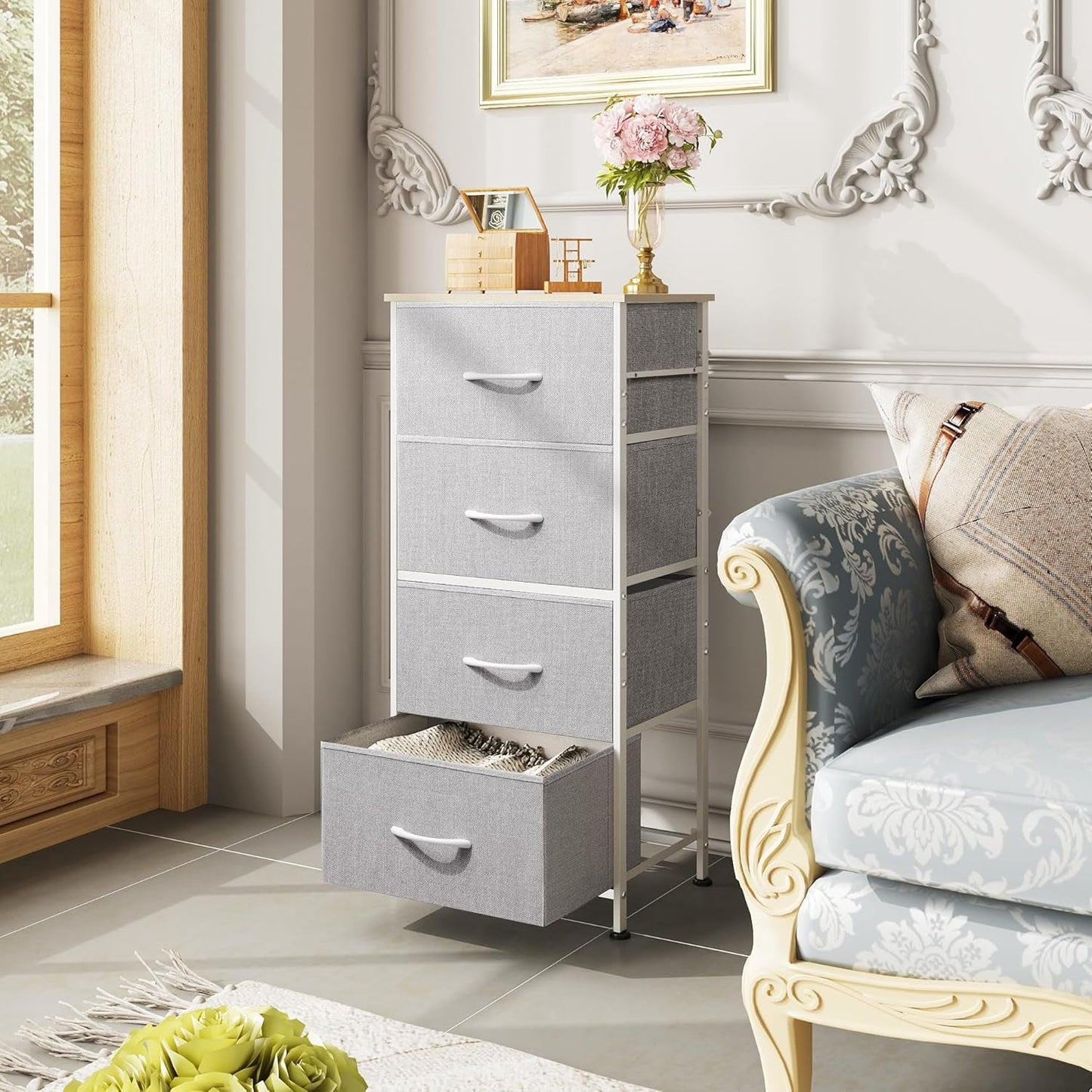 Light Grey Fabric 4 Drawer Dresser With Wood Top Storage-1
