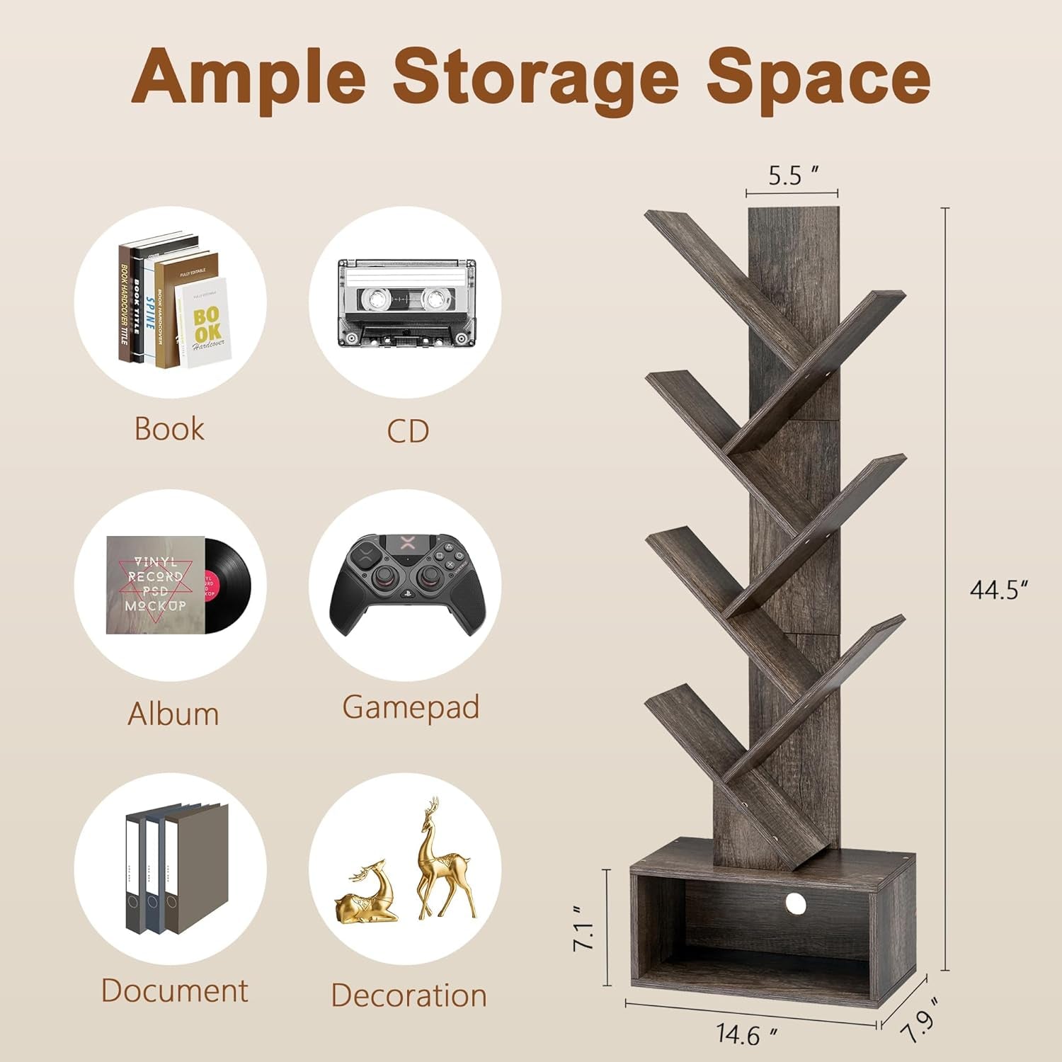 6 Tier Tree Bookshelf Bookcase With Drawer Grey Office-2