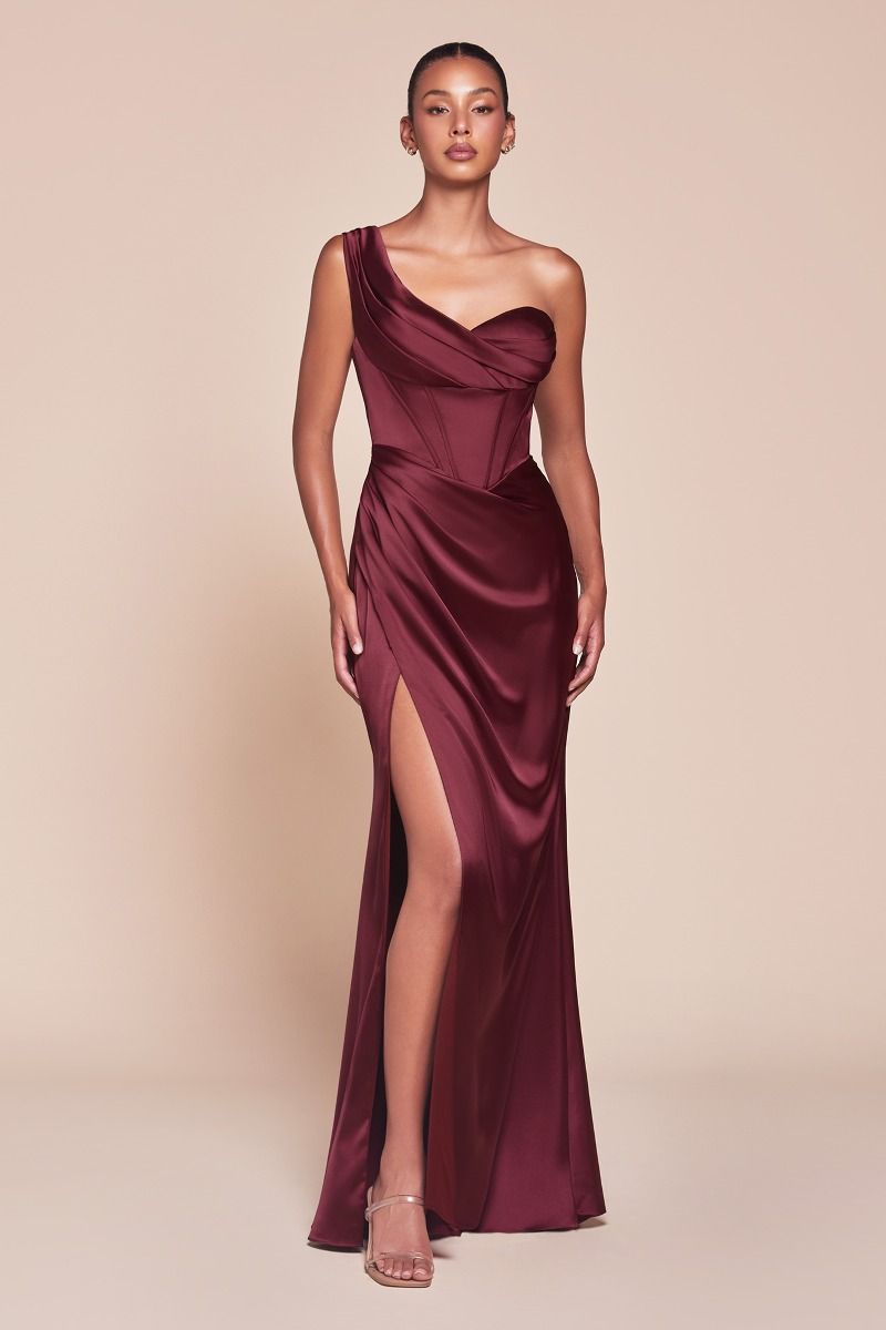 ONE SHOULDER SATIN CORSET GOWN CD7448