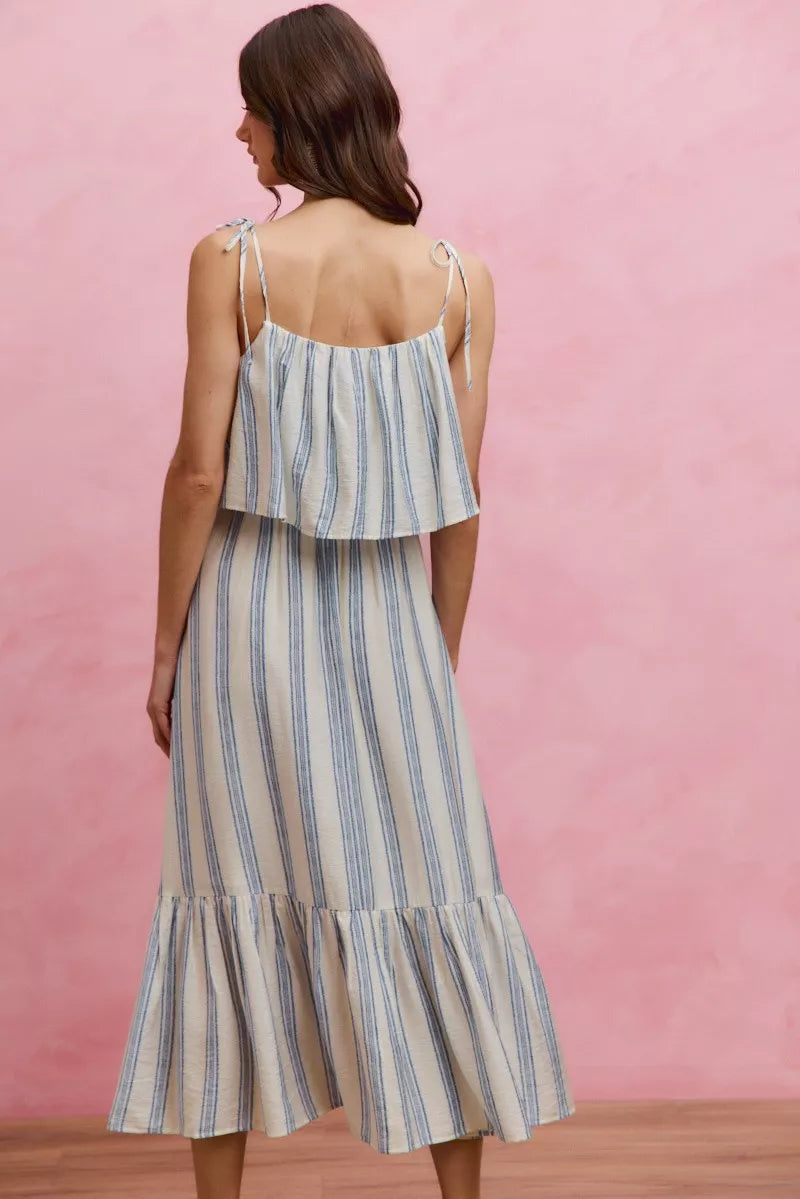 Stripe Tiered Shoulder Tie Midi Lined Dress-2