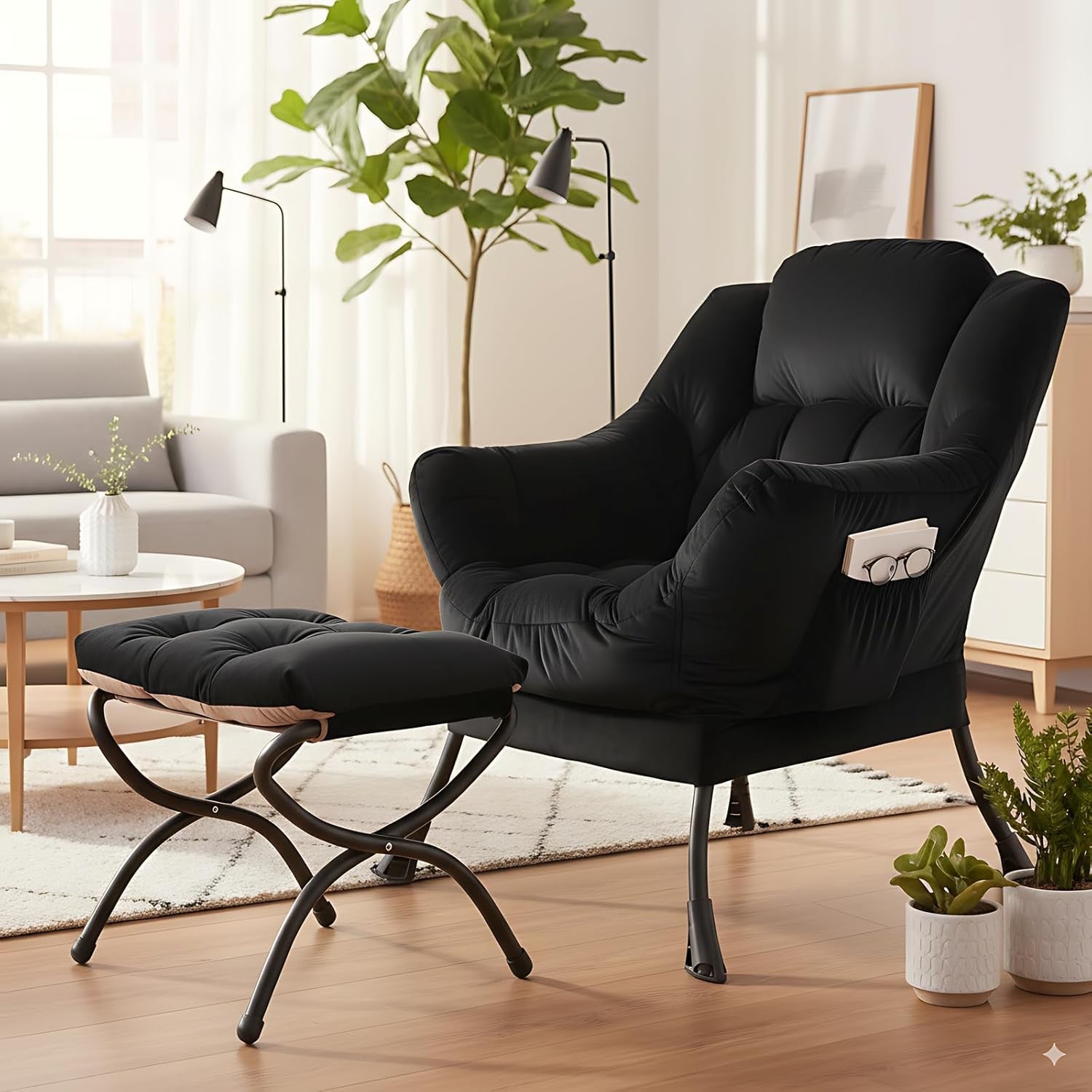 Large Upholstered Lounge Chair With Ottoman And Armrests-4
