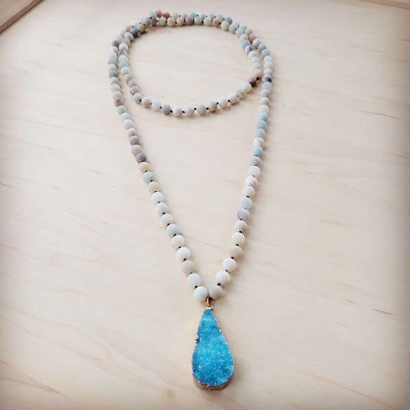 Frosted Amazonite Long Beaded Necklace with Agate Pendant-5