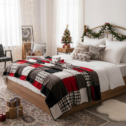 Tache Brown Red Sunset Maple Farmhouse Plaid Patchwork Throw Blanket (4025)-1