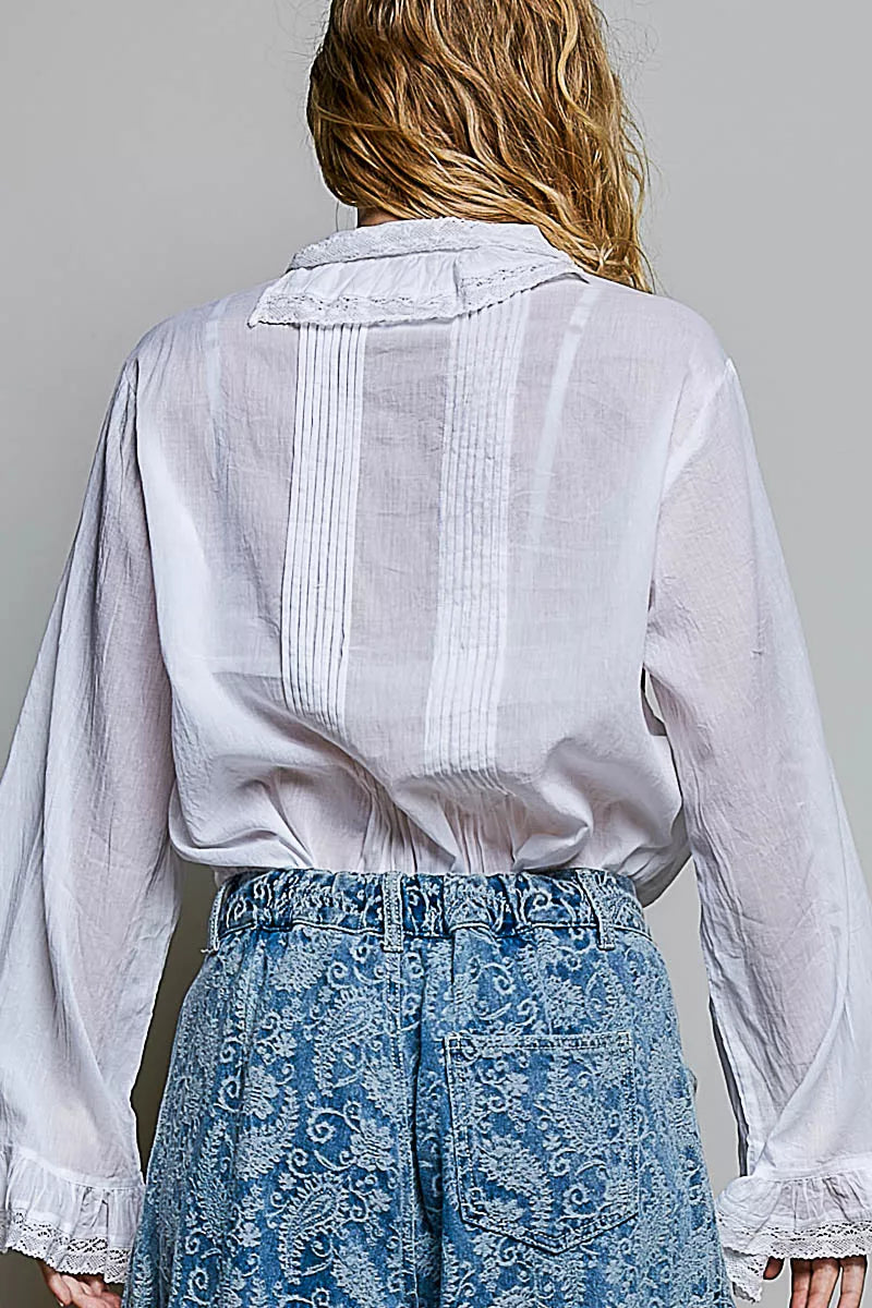 POL Woven Lace Trim Pintuck Button-Down Shirt-2