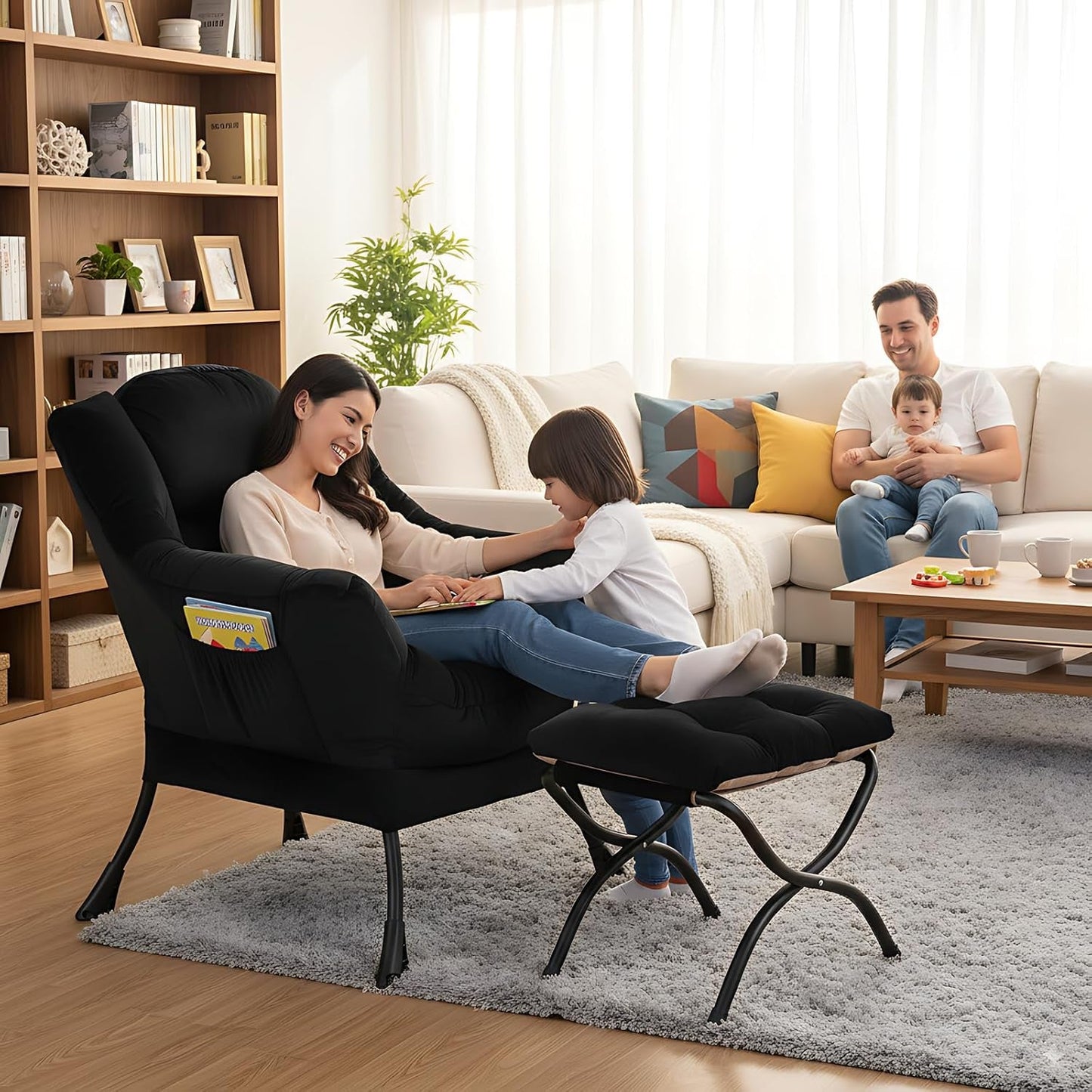 Large Upholstered Lounge Chair With Ottoman And Armrests-1