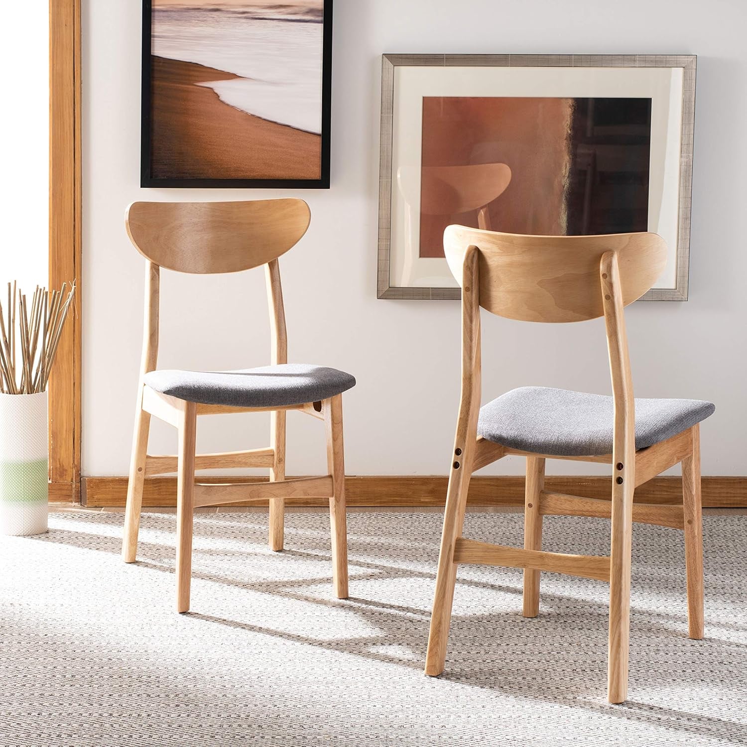 Dining Chair Set Of 2 With Grey Cushions And Natural Wood-1