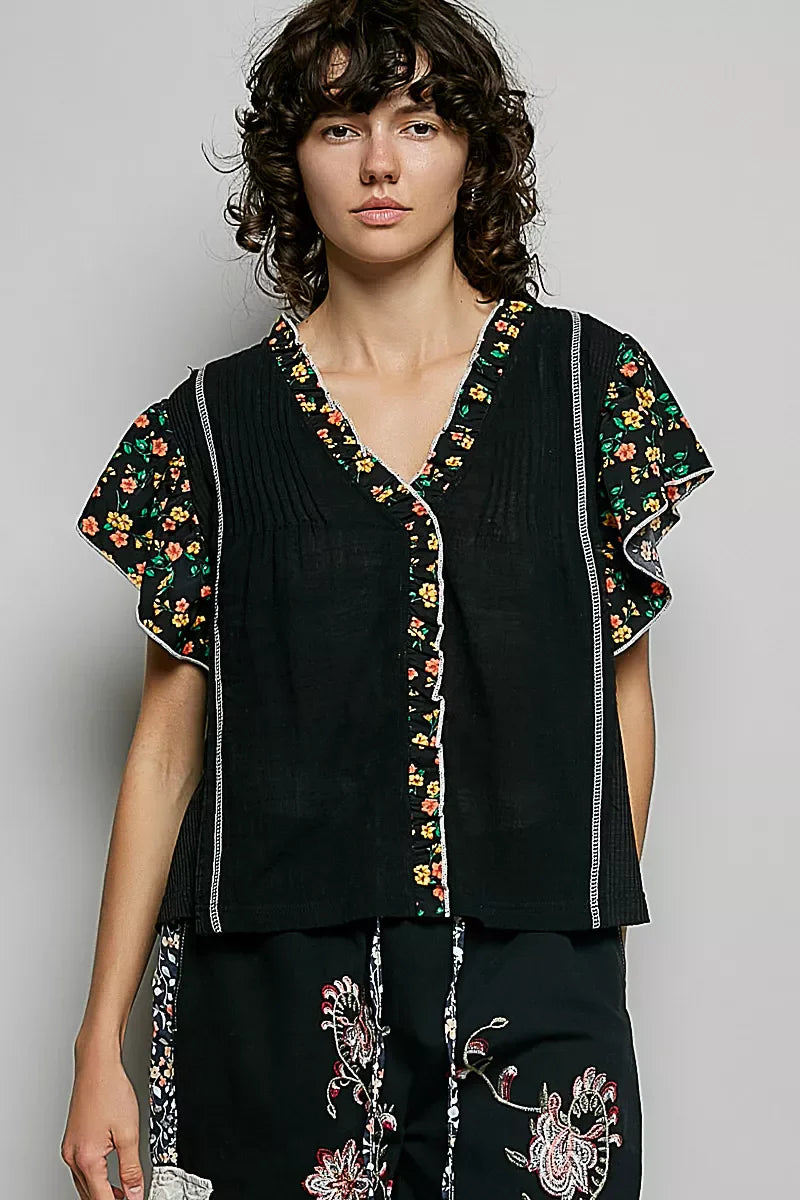 POL V-Neck Floral Ruffle Sleeve Blouse-0