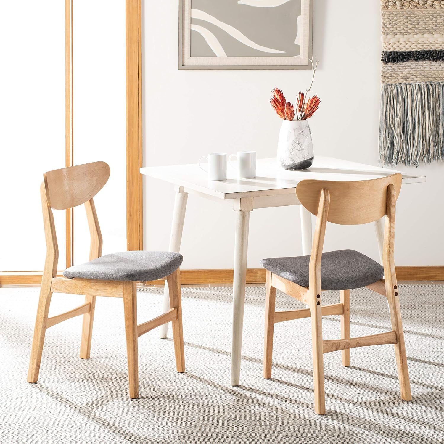 Dining Chair Set Of 2 With Grey Cushions And Natural Wood-3