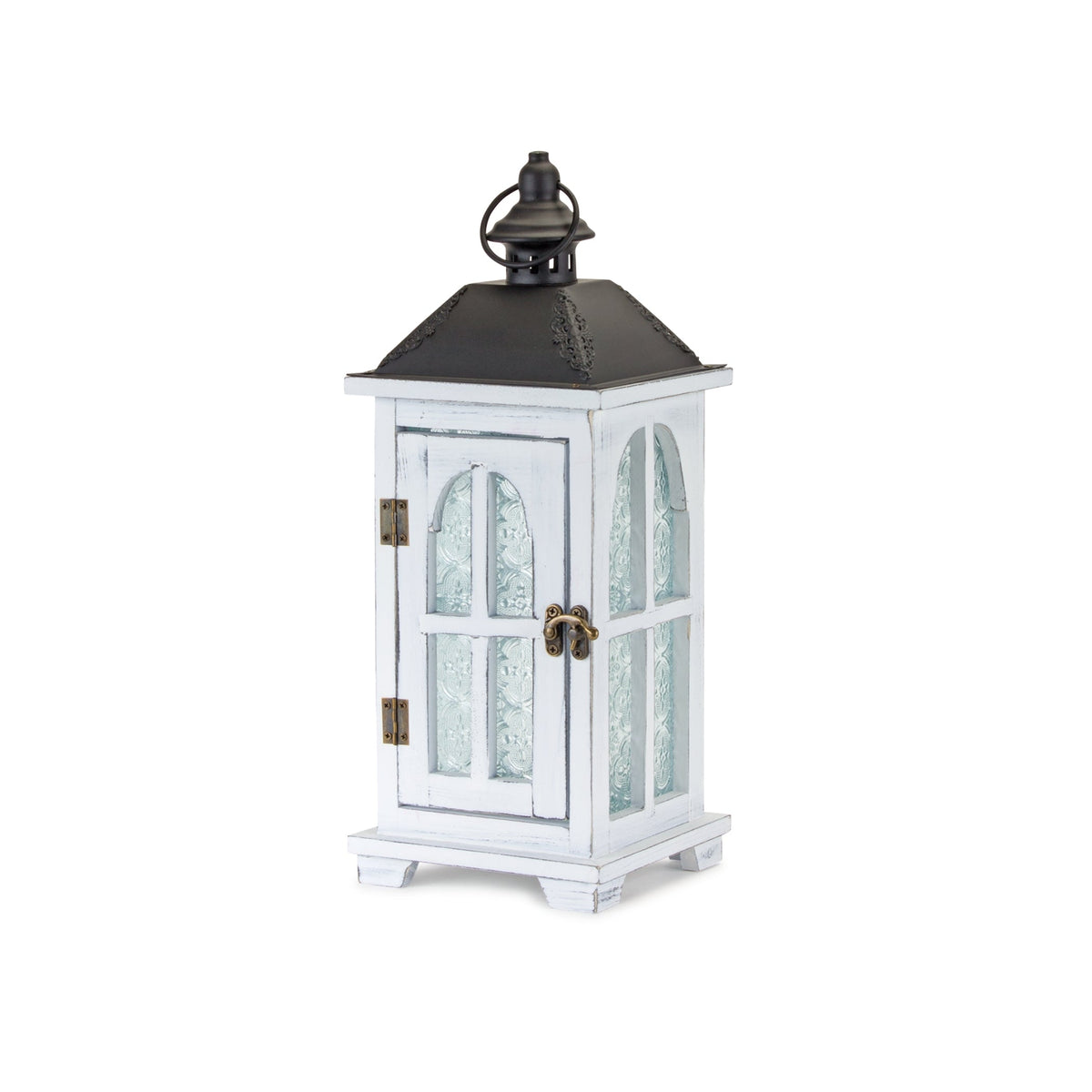 White Wood Lantern with Ornate Frosted Glass (Set of 2)-1