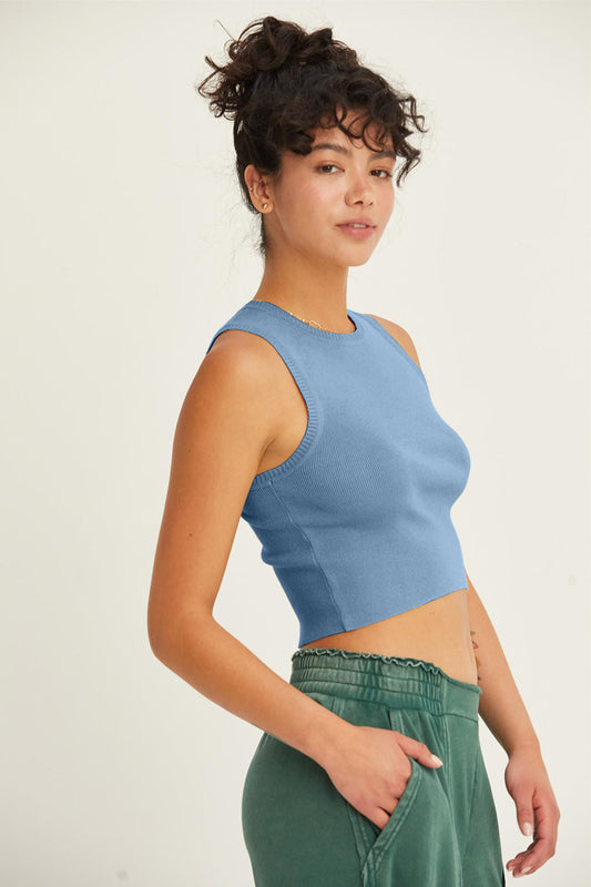 Ribbed Knit Cropped Tank Top in Gray Blue
