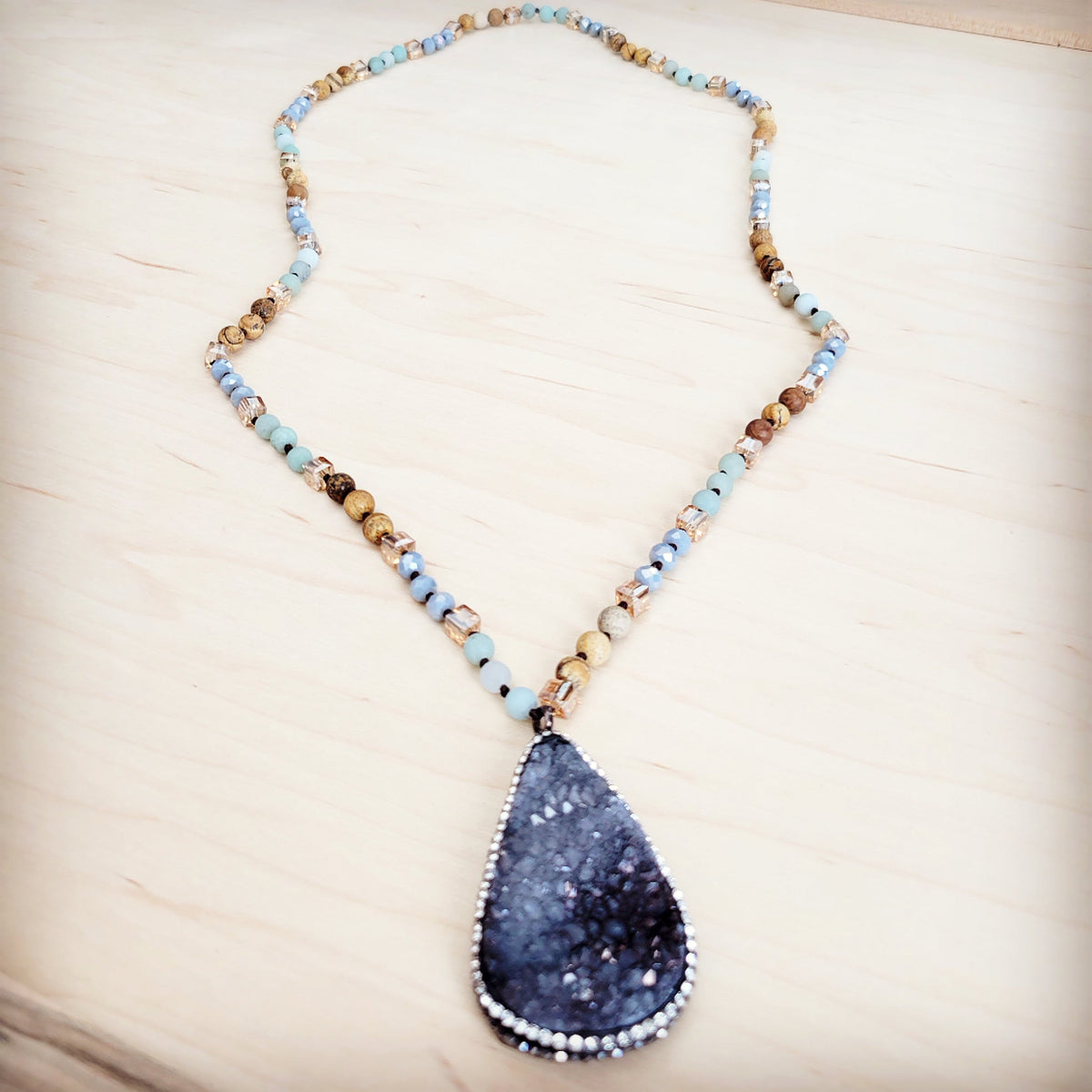 Amazonite & Crystal Long Beaded Necklace w/ Druzy Pendant-1