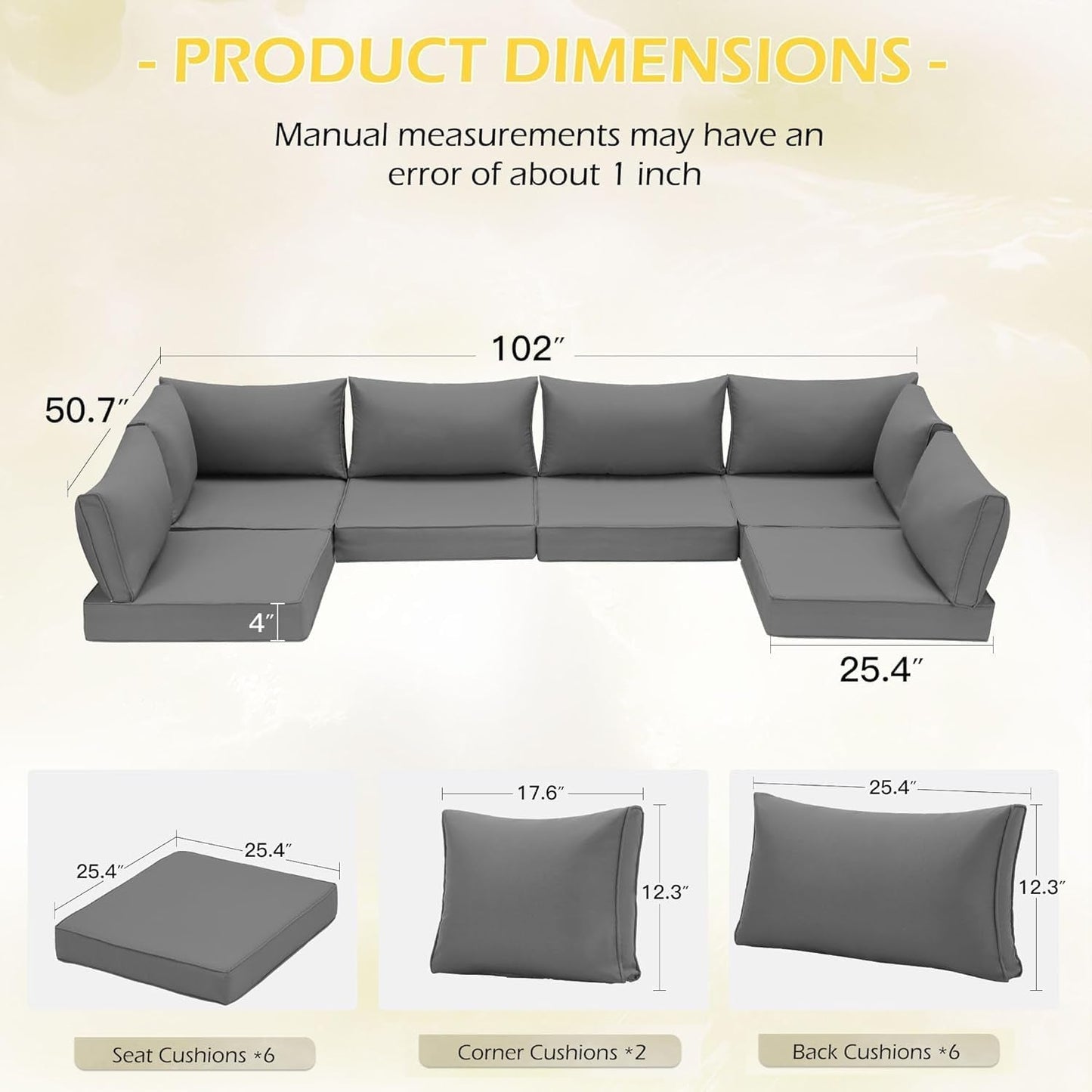Outdoor Cushions 14 Piece Set Gray Water Repellent For 6 Seat Patio Sofa-2