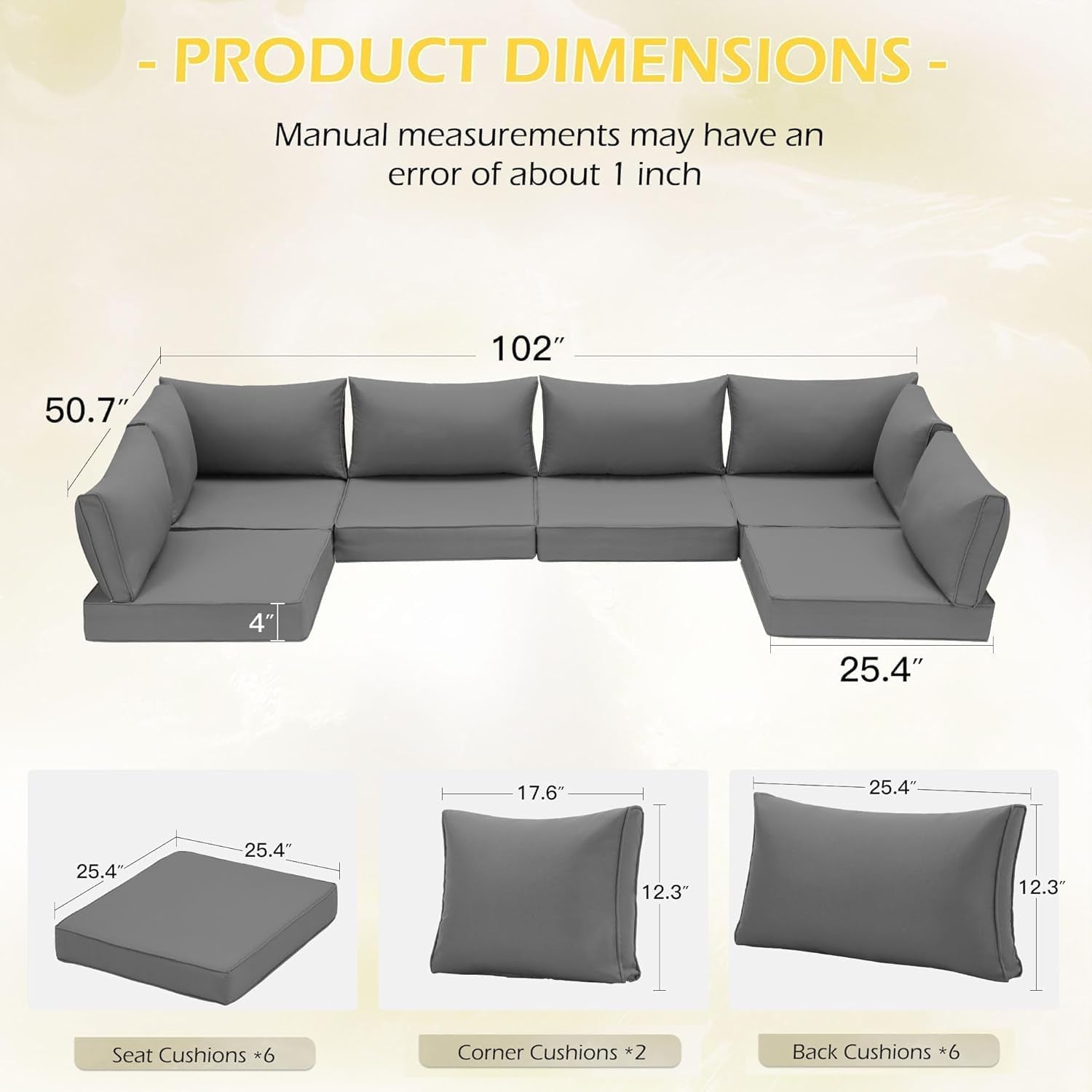 Outdoor Cushions 14 Piece Set Gray Water Repellent For 6 Seat Patio Sofa-2