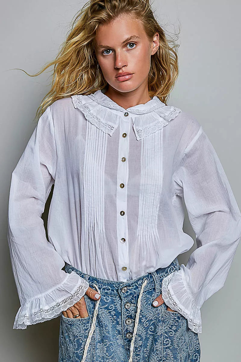 POL Woven Lace Trim Pintuck Button-Down Shirt-3
