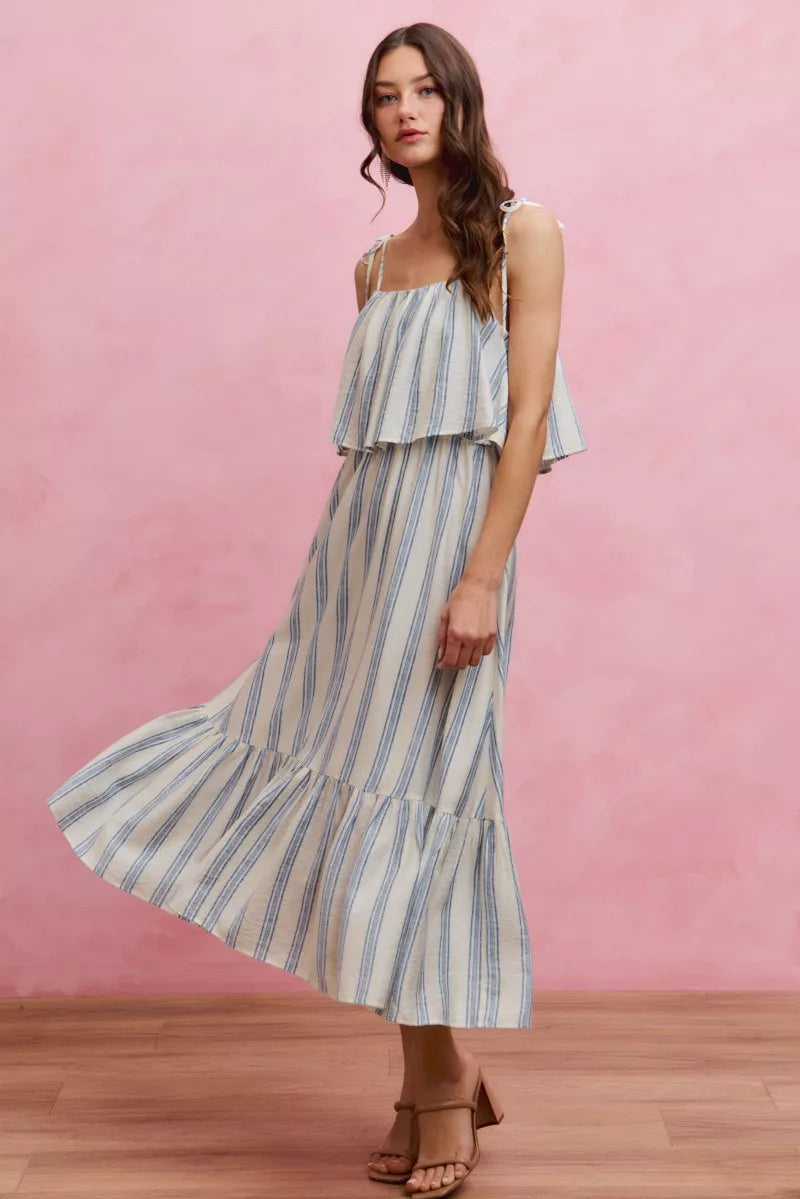 Stripe Tiered Shoulder Tie Midi Lined Dress-3