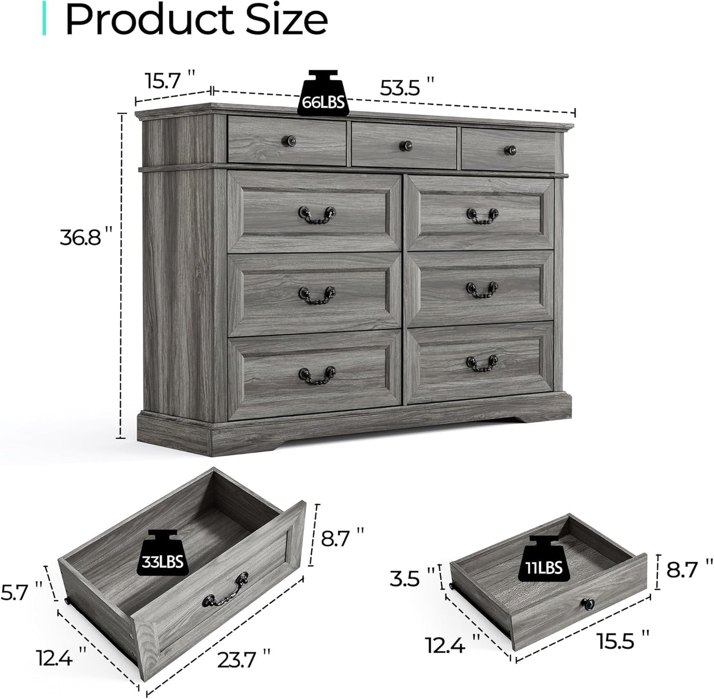 Grey 9-Drawer SolidWood Dresser For Bedroom Storage-1