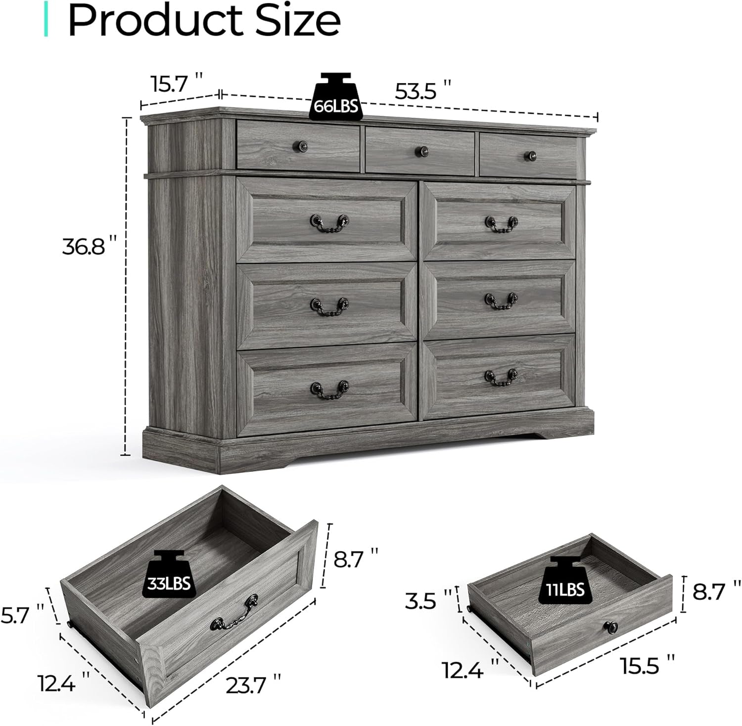 Grey 9-Drawer SolidWood Dresser For Bedroom Storage-1
