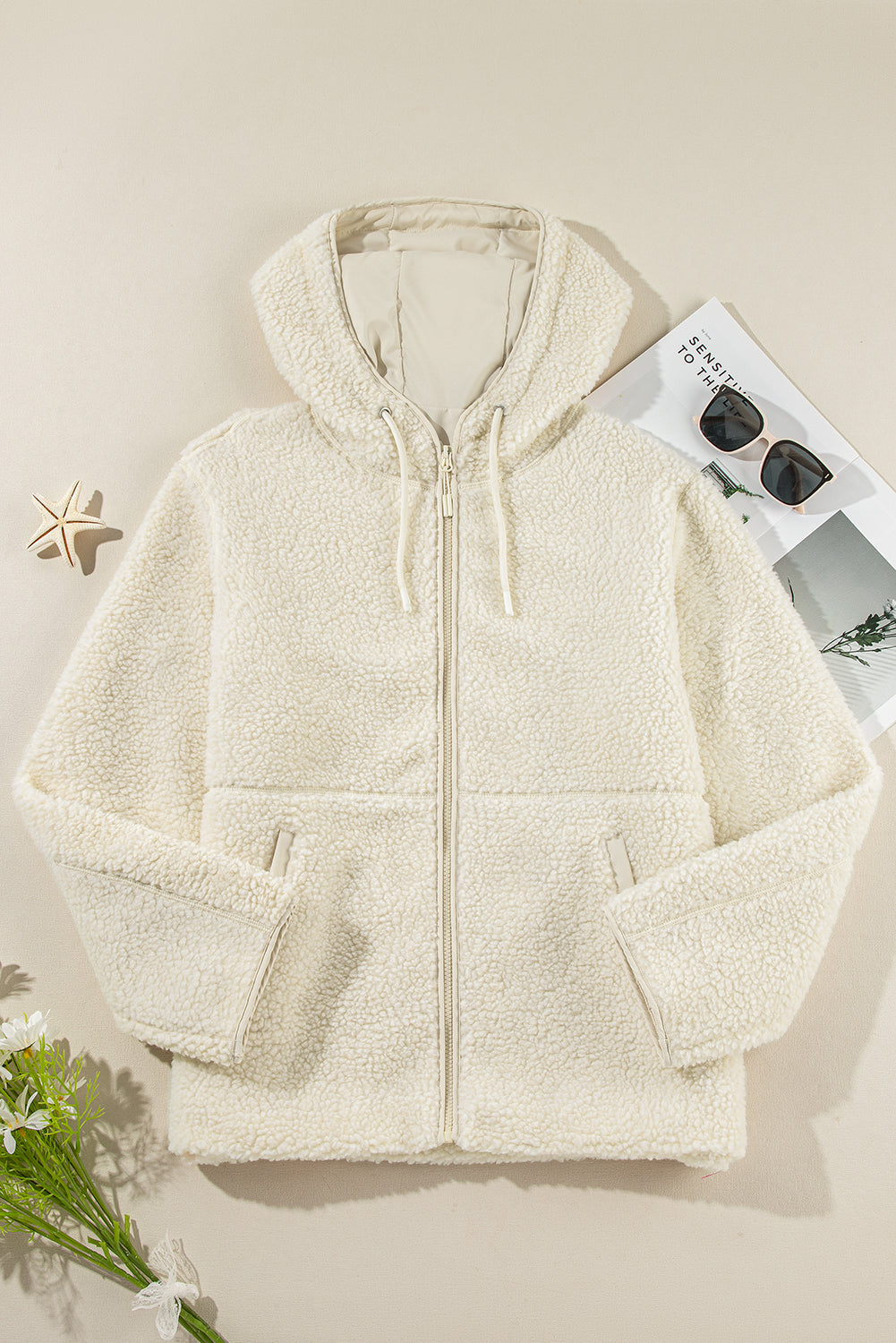 Fleece Zip Up Drawstring Hooded Pocketed Jacket-5