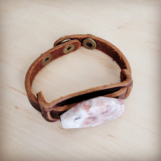 Sunstone Slab Narrow Leather Cuff Bracelet-1