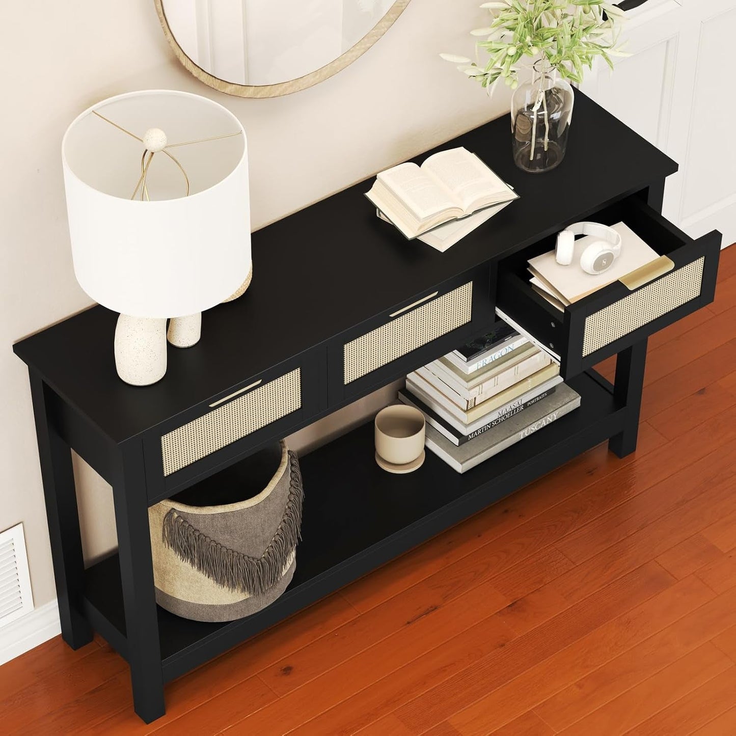 Black 47 Inch Entryway Console Table Storage Drawers-1