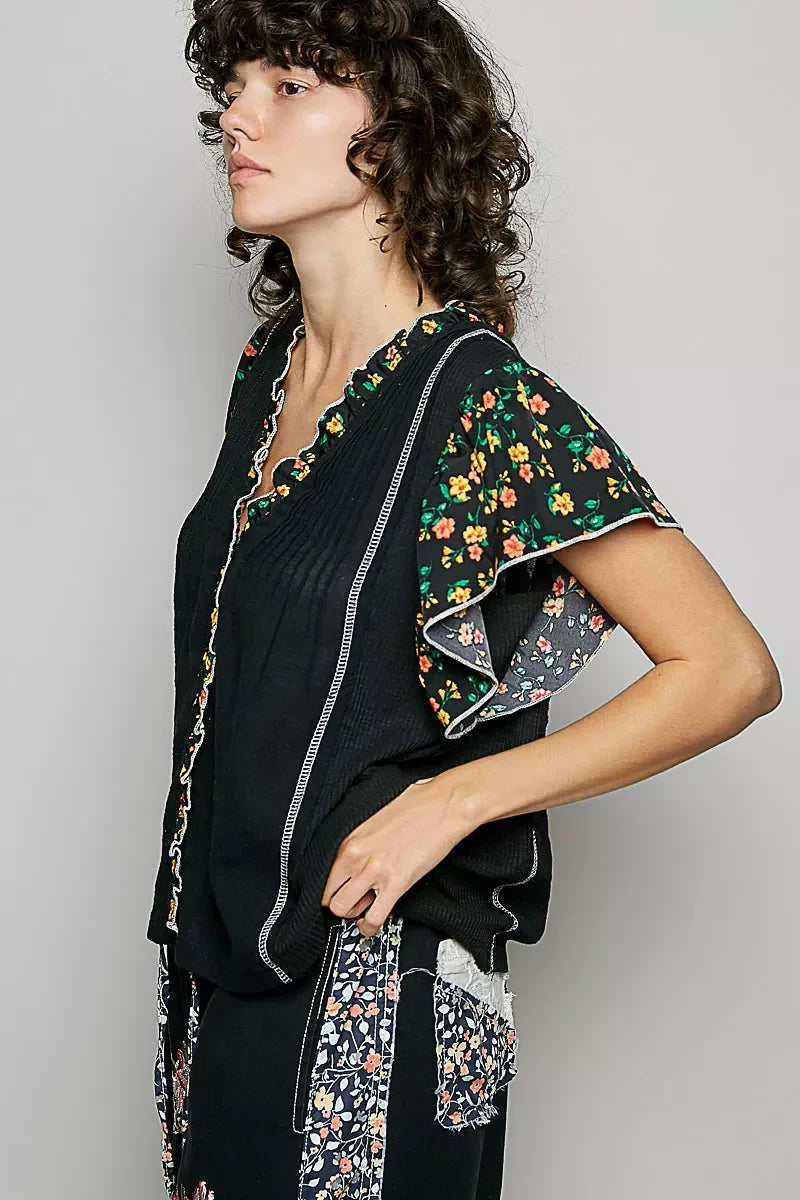 POL V-Neck Floral Ruffle Sleeve Blouse-2